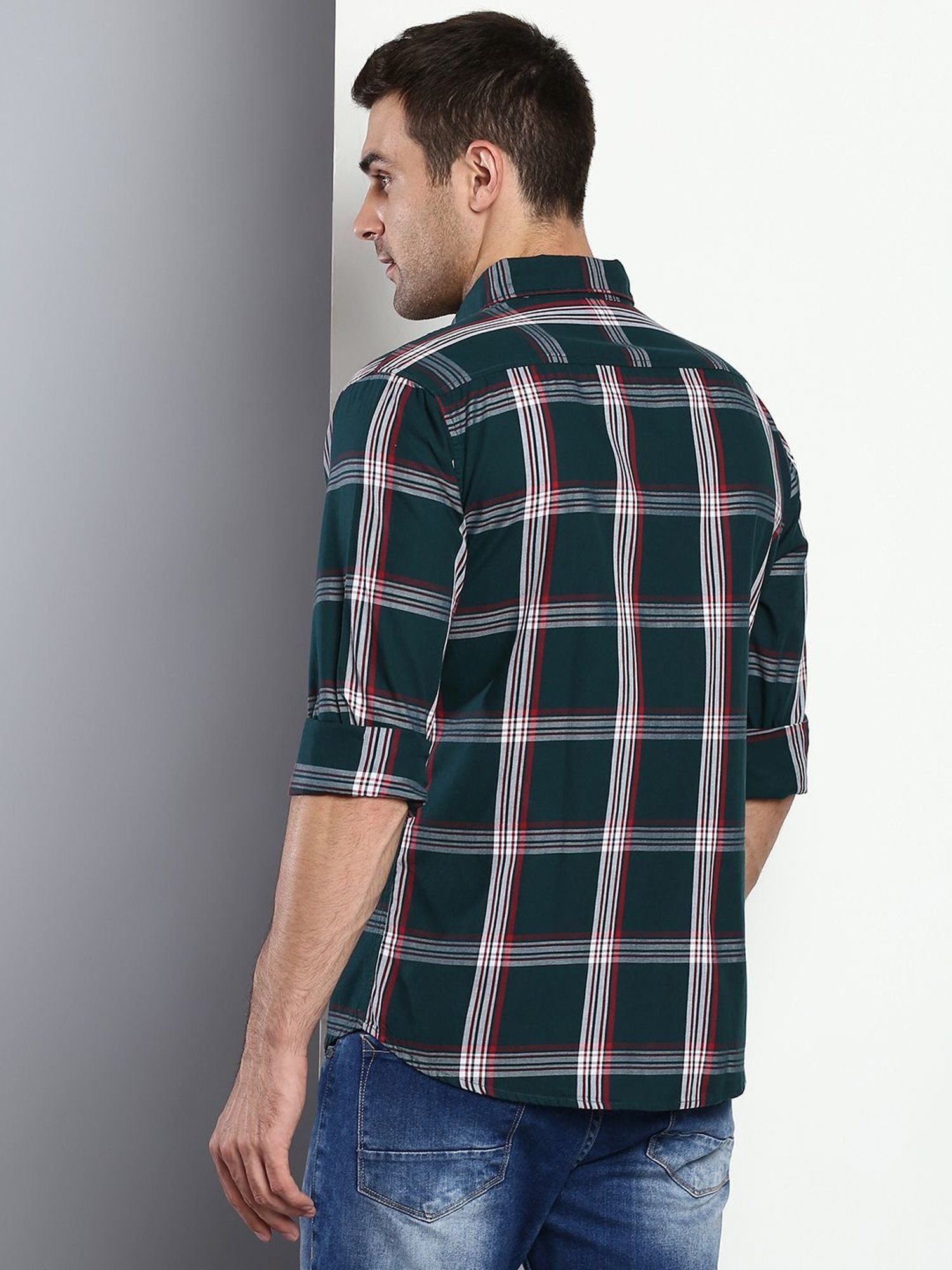 Dennis Lingo Green Cotton Slim Fit Checks Shirt