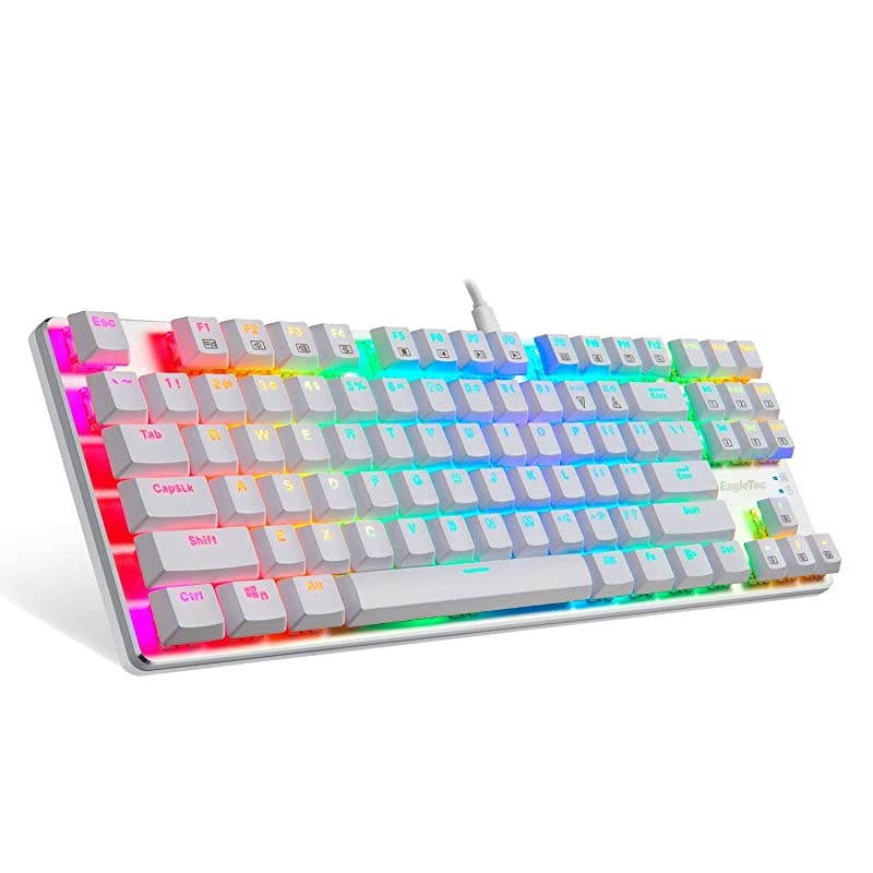 KG061-BR RGB Backlit Mechanical Gaming Keyboard Low Profile Mechanical Gamers Keyboard 87 Key Metal Mechanical Computer USB Gaming Keyboard for PC Quiet Cherry Brown Switches (White Version)