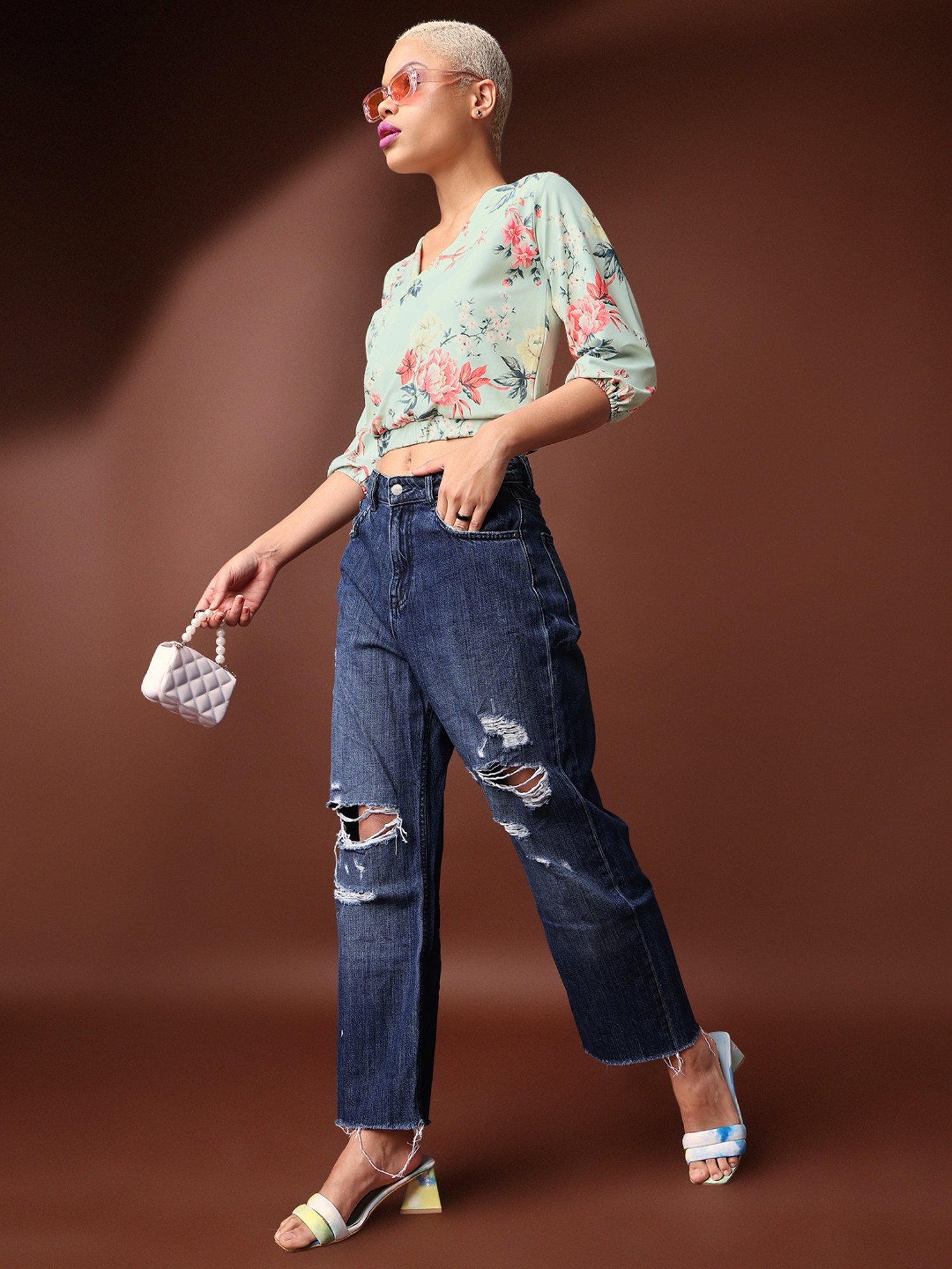 PURVAJA Light Green Floral Print Crop Top