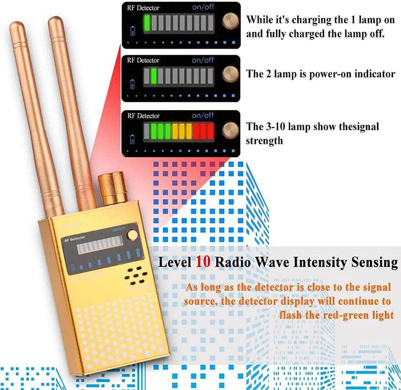 Wireless Bug Detector,Dual Antenna High Sensitive Sweeper Detect Wide Range Radio Frequency Find Out Hidden Camera GPS Tracker(2019 Upgrade Version) (Gold)