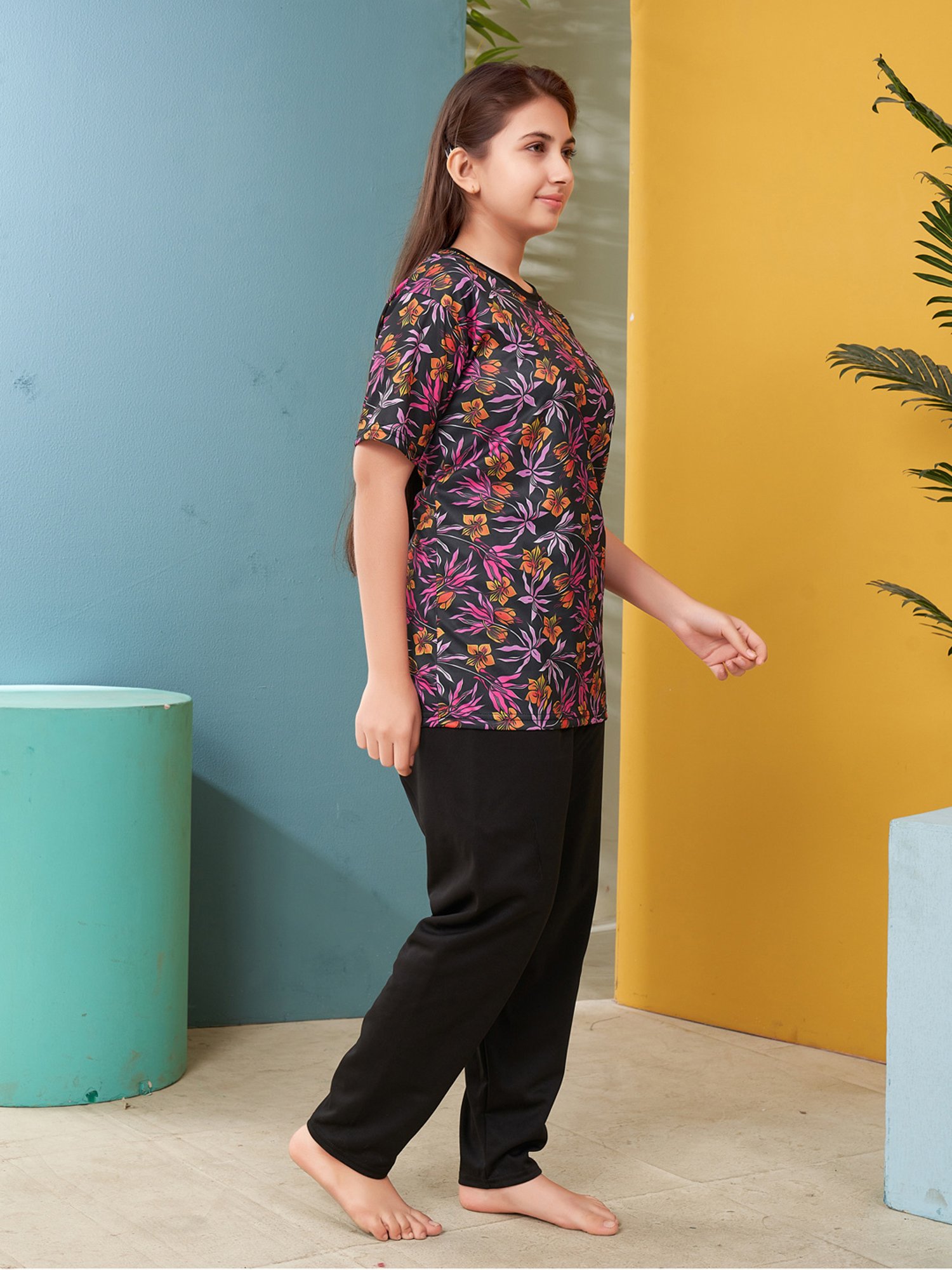 Aarika Kids Pink & Black Floral Print Top with Capri