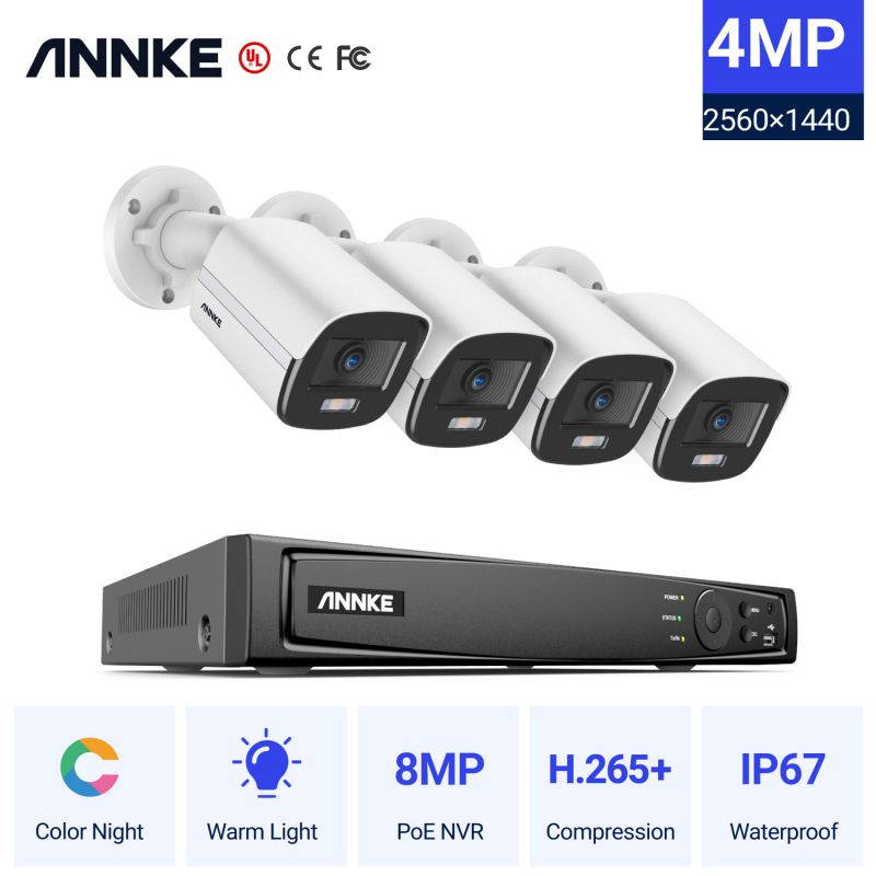 ANNKE 4K Ultra HD PoE NVR System with 4MP Super HD True Full Color Night Vision H.265+ Network PoE Bullet IP Security Cameras for Outdoor Indoor Business Home CCTV Surveillance 4 Cameras - No HDD