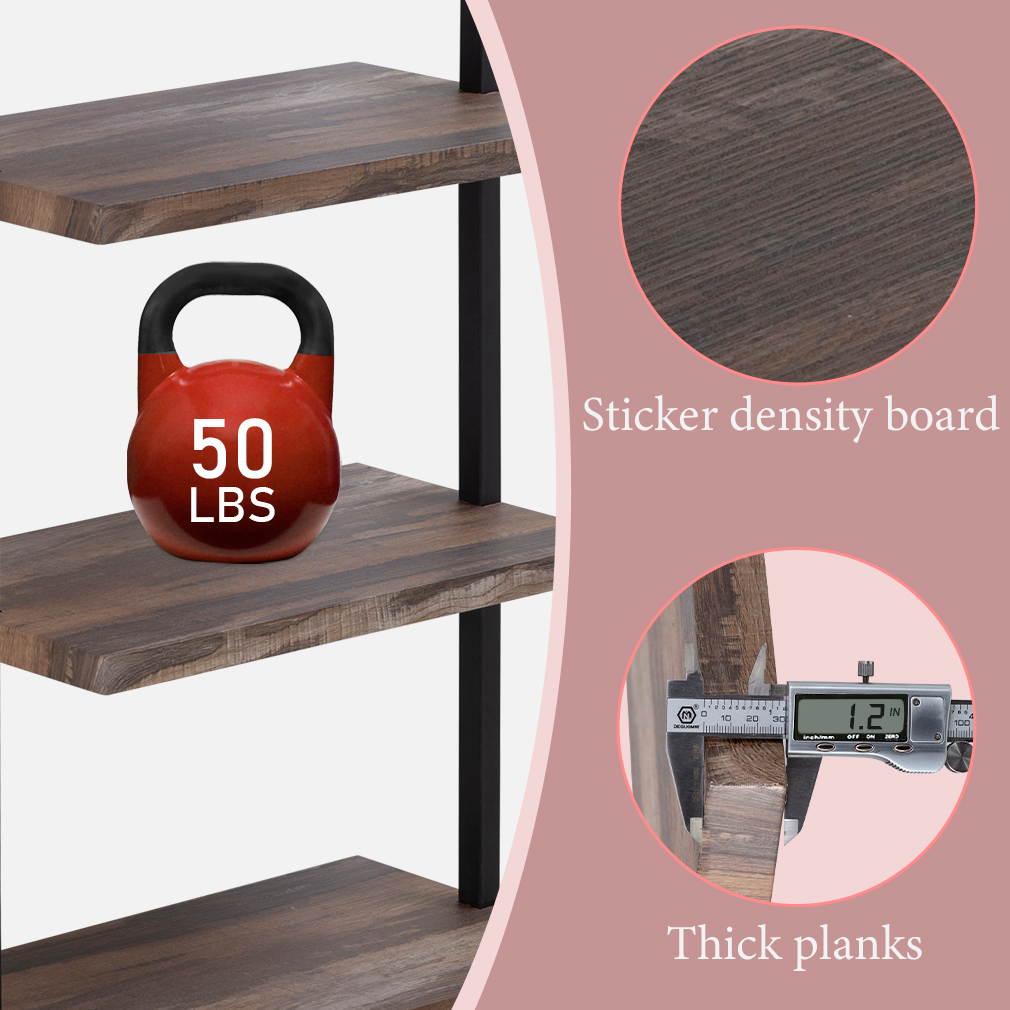 4-Shelf Bookcase Open Wall Mount Ladder Bookshelf with Industrial Metal Frame For Home Office Study, 60-inch