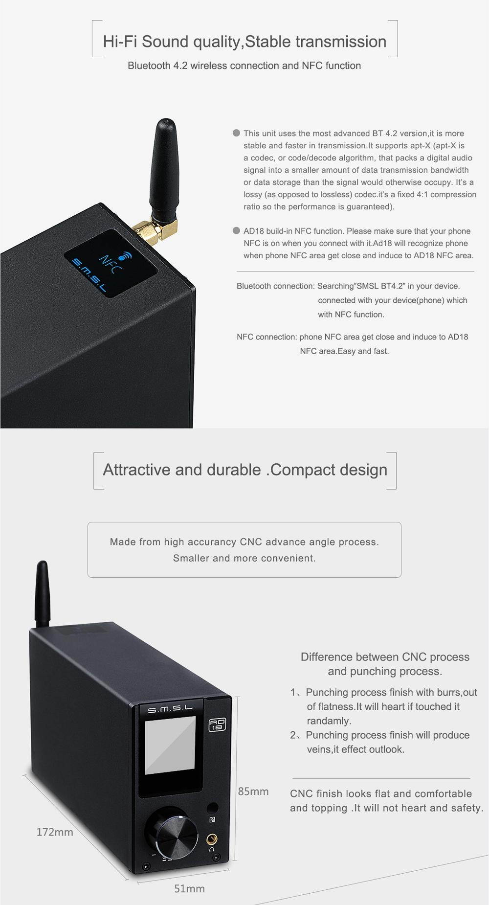 SMSL AD18 80Wx2 DSP HIFI Bluetooth Pure Digital Audio Amplifier Optical/Coaxial USB DAC Decoder - EU - EU