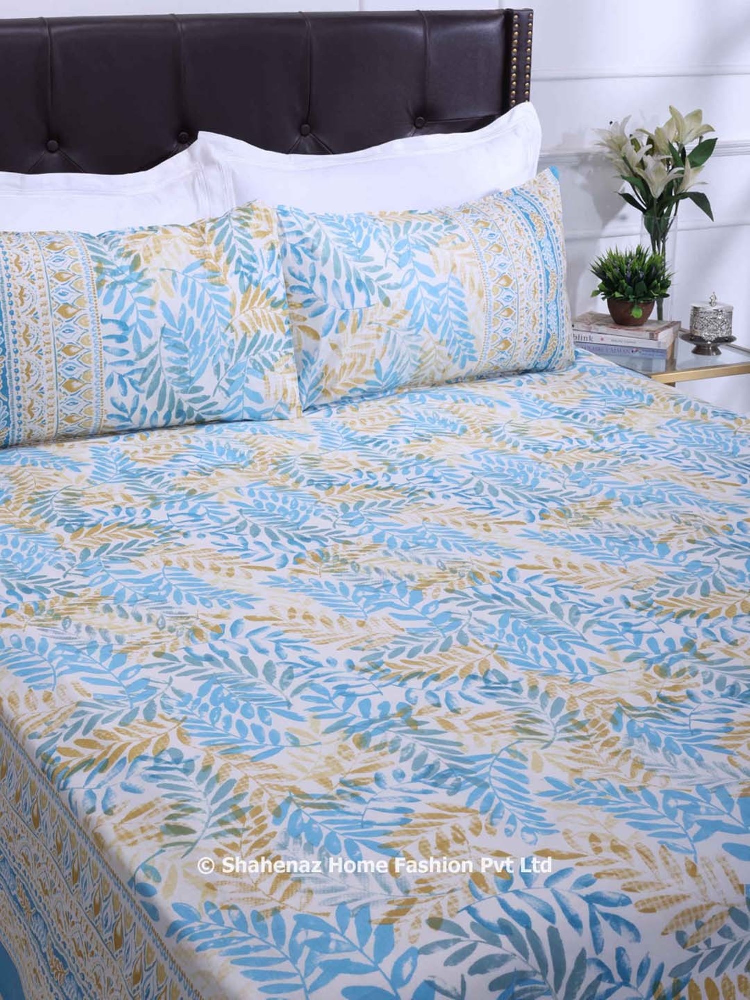 Shahenaz Blue 120 TC Cotton French Leaves Double Bedsheet with 2 Pillow Covers