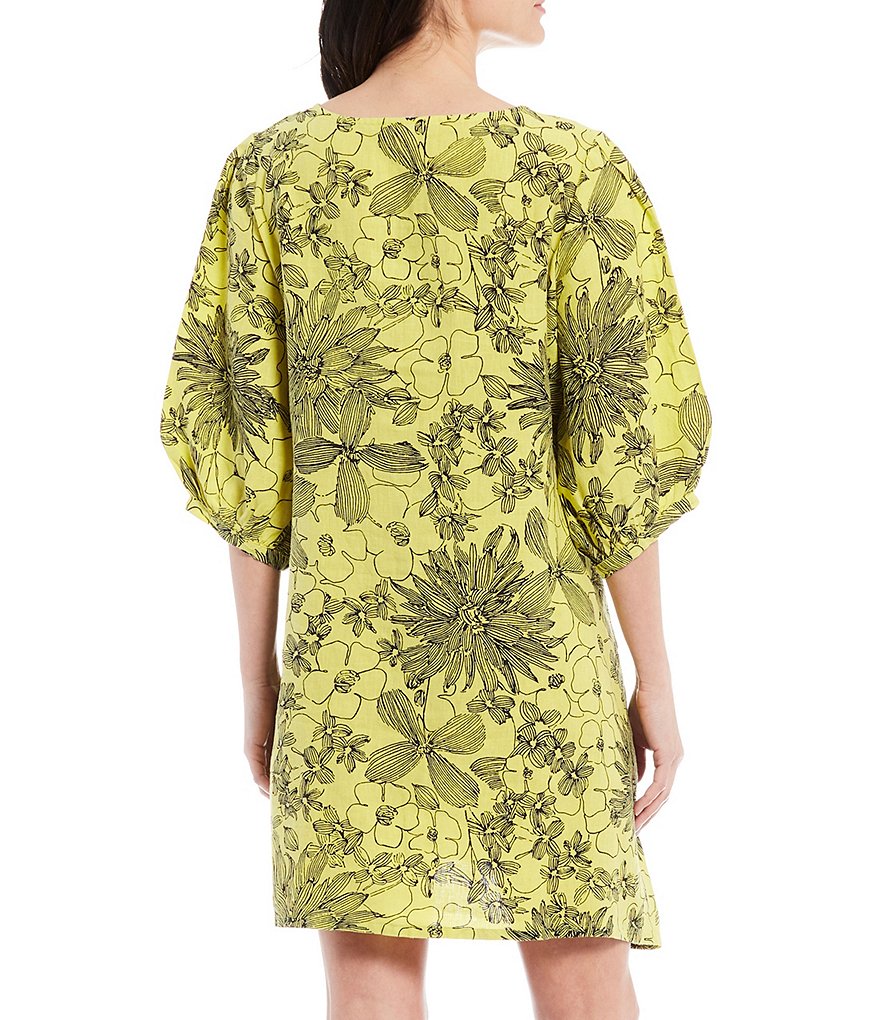 Bryn Walker Carina Short Puff Sleeve Floral Print Linen Shift Dress