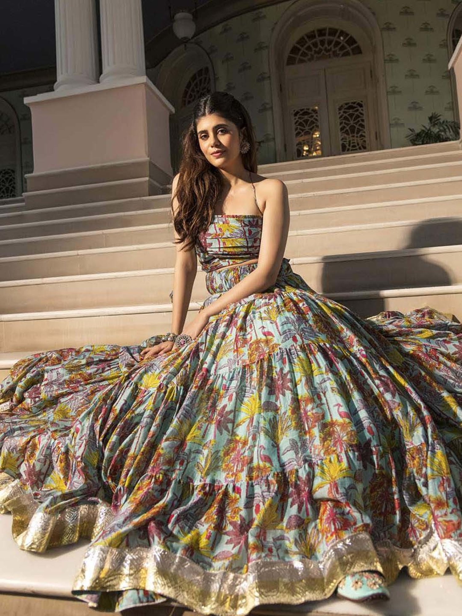 AACHHO Blue Floral Print Lehenga Choli Set With Dupatta