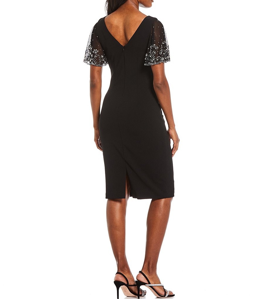 Betsy & Adam Beaded Flutter Short Sleeve V-Neck Scuba Crepe Sheath Dress