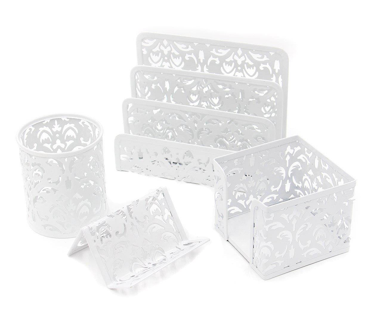 EasyPAG Carved Hollow Flower Pattern 5 in 1 Desk Organizer Set - File Holder,Letter Sorter, Pen Holder,Business Card Holder and Stick Note Holder-White