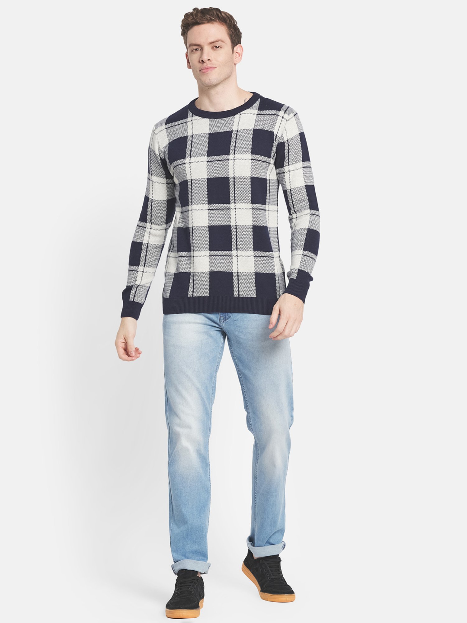 Mettle White & Navy Cotton Regular Fit Checks Sweater