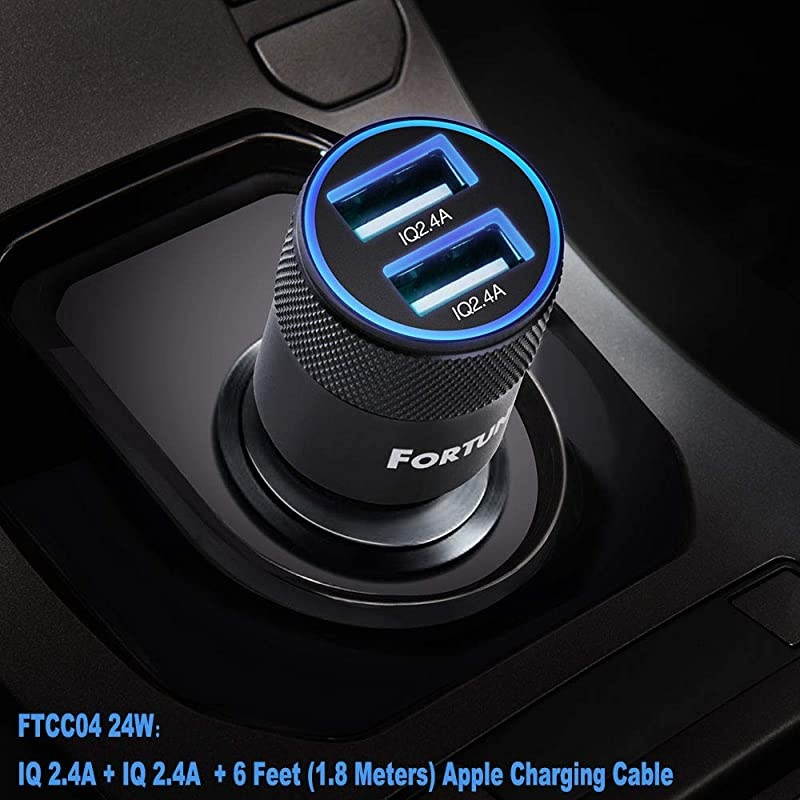 24W iPhone Car Charger Compatible With iPhone X / 8 / 7 / 6s / 6 / 6 Plus / 5s / 5c / 5, iPad Pro Air Mini 2 / 3 / 4, iPod Nano Touch with Dual USB 5V 2.4A Ports & 6ft Apple charging Cord