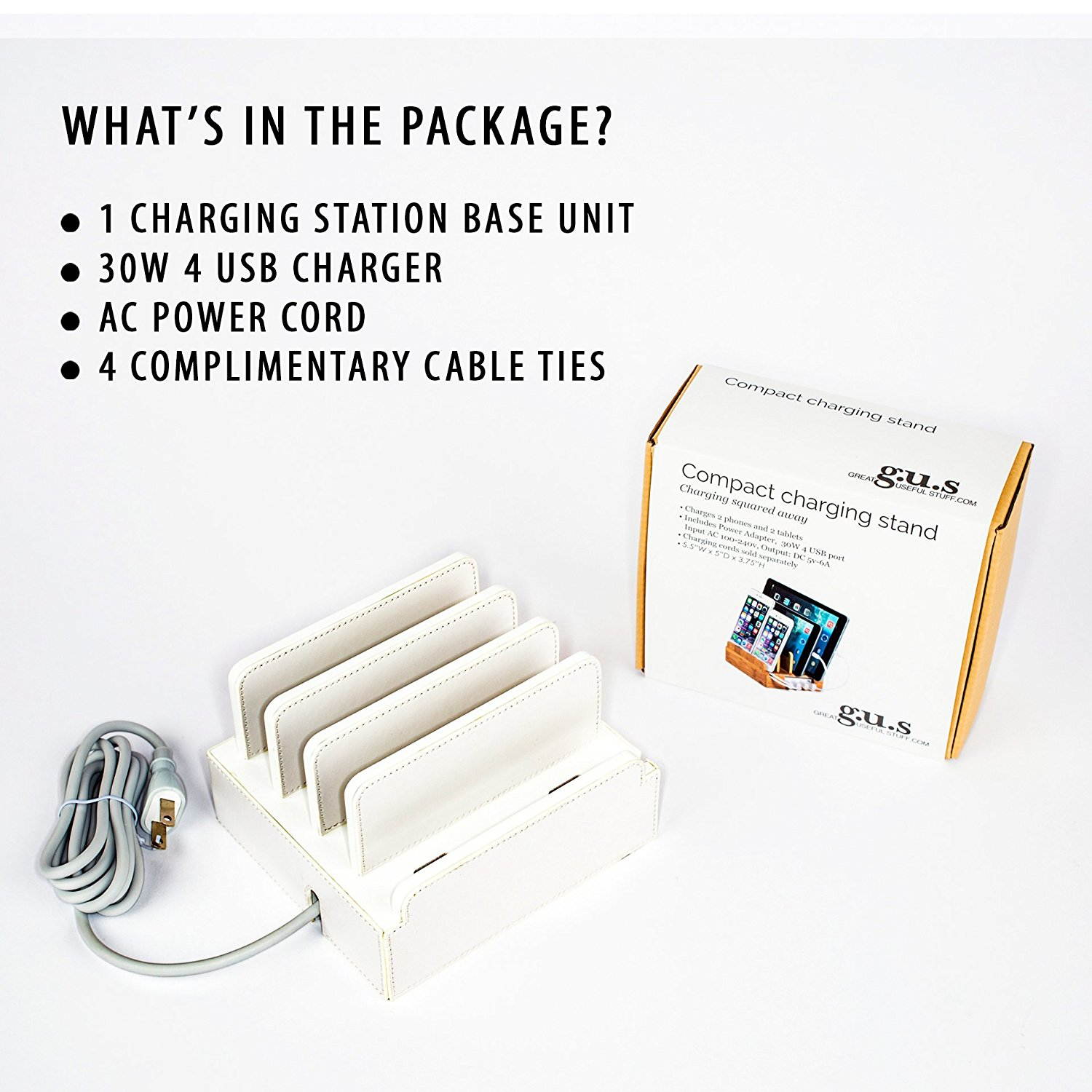 Compact Universal Desktop Cell Phone & Tablet/eReader/Kindle Charging Station, with Set of Cable Ties. Multiple Finishes Available - Black Leatherette