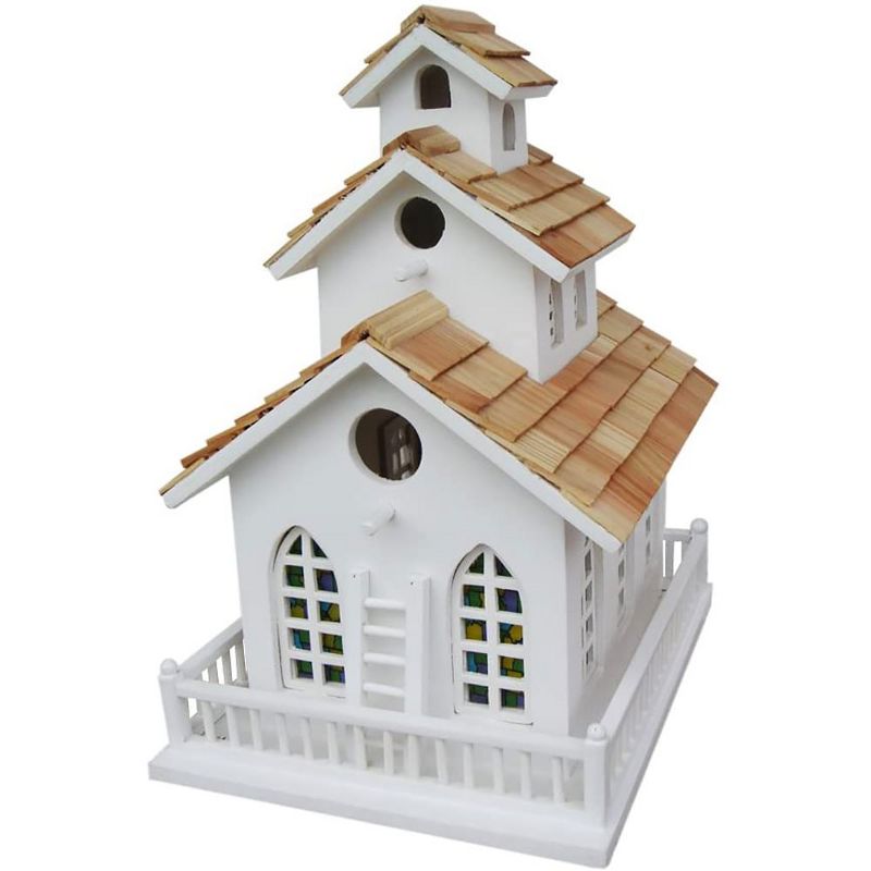 Home Bazaar HB-2047S 3 Tiered Chapel Bell Birdhouse with Chiming Bell and Stained Glass Windows for Wrens, Finches, Chickadees, and More, White