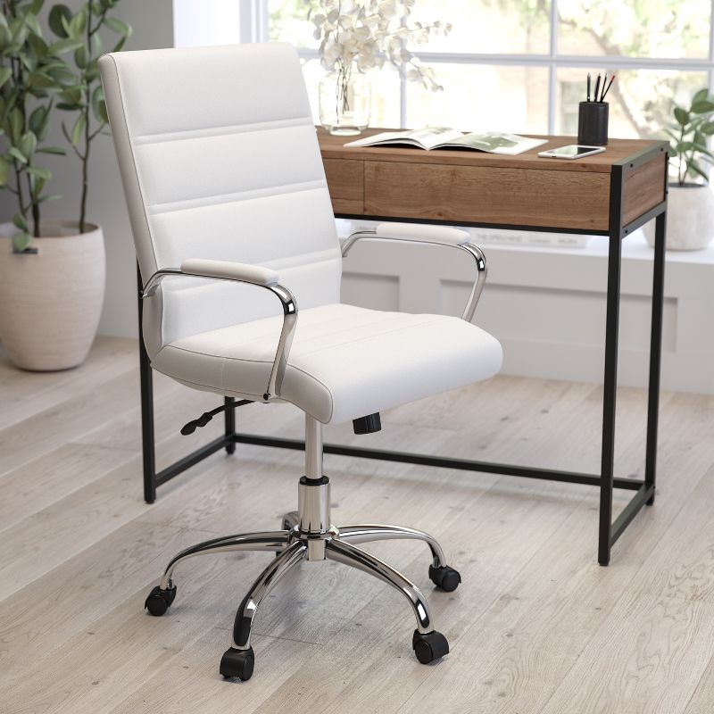 Merrick Lane Contemporary Mid-Back White Faux Leather Home Office Chair with Padded Chrome Arms