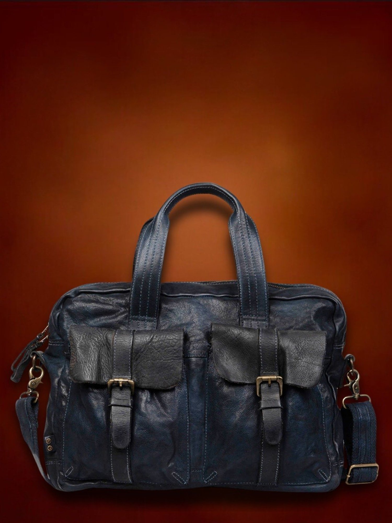 Art N Vintage Logan Navy Leather Solid Large Laptop Messenger Bag