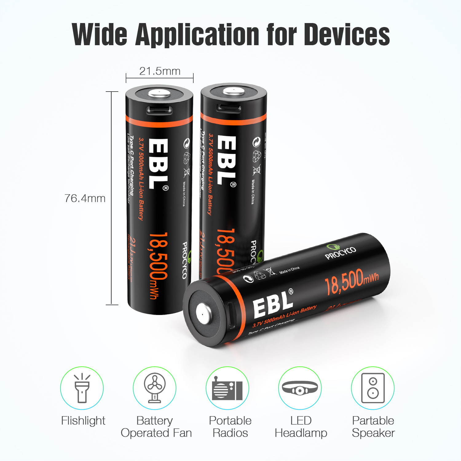EBL 5000mAh Rechargeable Batteries, 3.7v Lithium-ion Battery with Type-C USB Charging Cable for Flashlight, LED Head Lamp