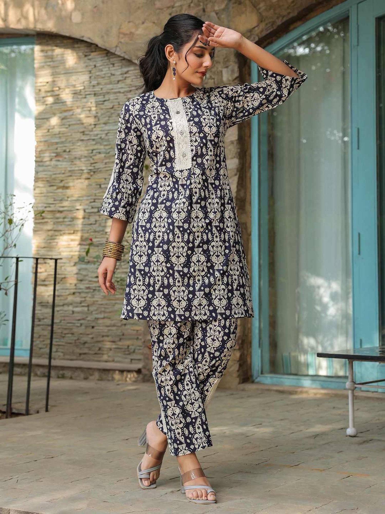 Rain and Rainbow Navy Cotton Printed Kurti & Pant Set