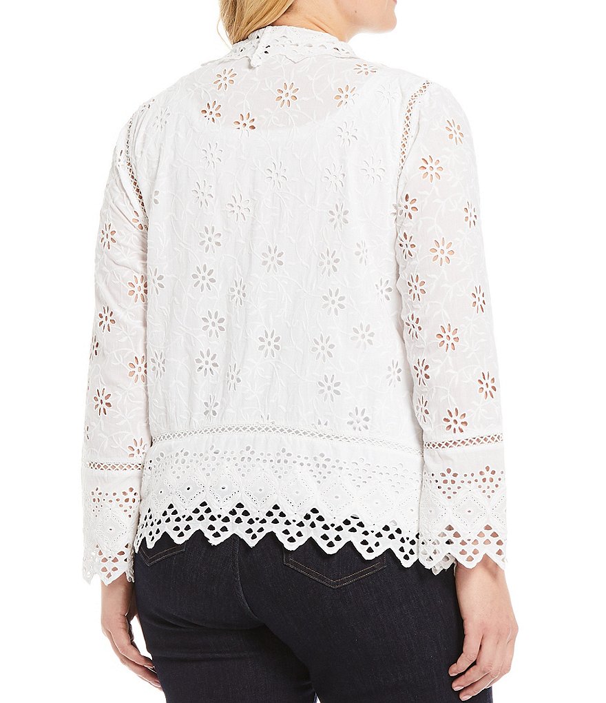 Lauren Ralph Lauren Plus Size Allover Embroidered Eyelet Cotton Scallop Trim Open-Front Long Sleeve Jacket
