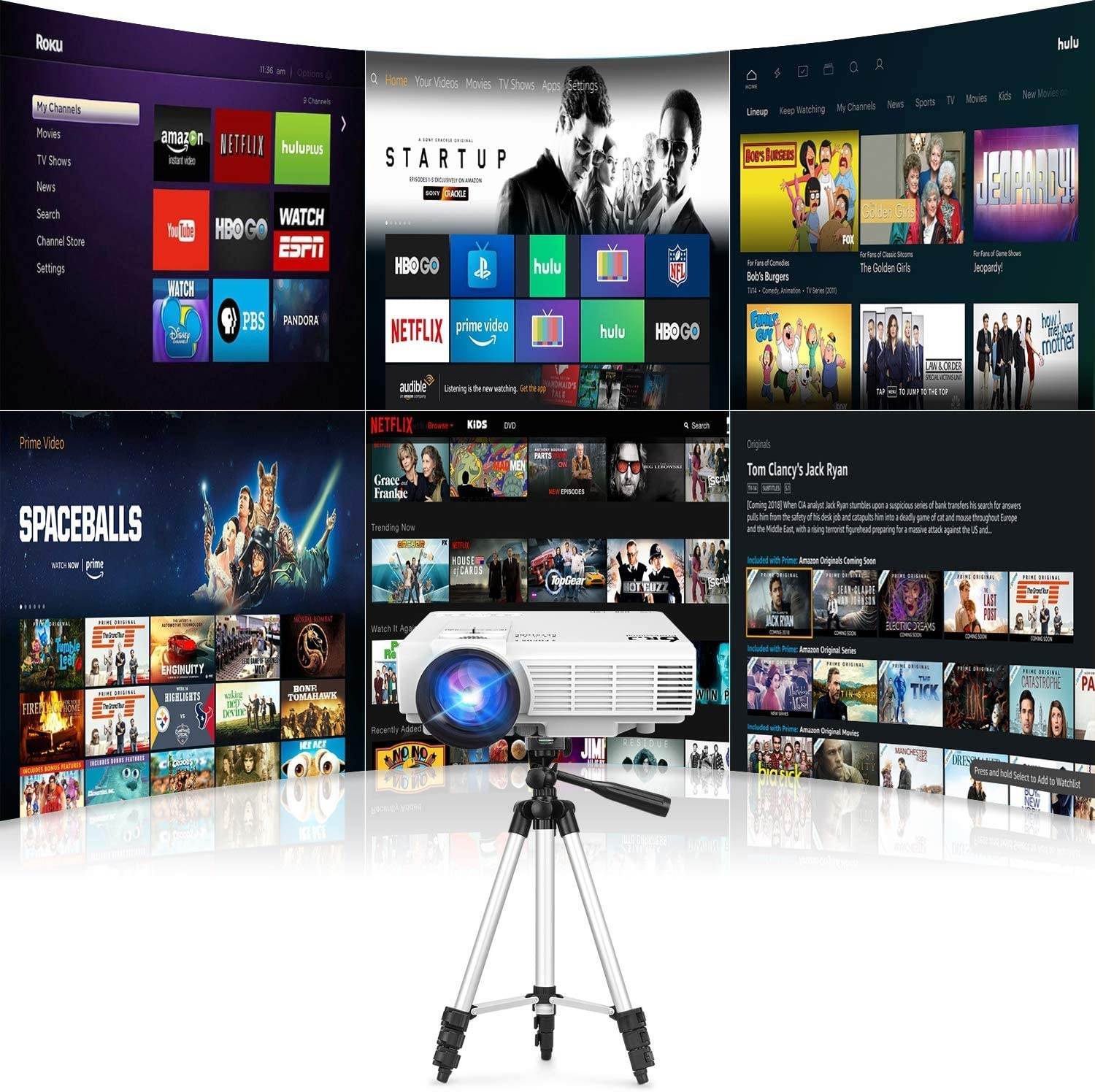 DR. J Professional 4500L Projector for Outdoor Movies & 50Inch Universal Aluminum Projector Tripod Stand Bundle