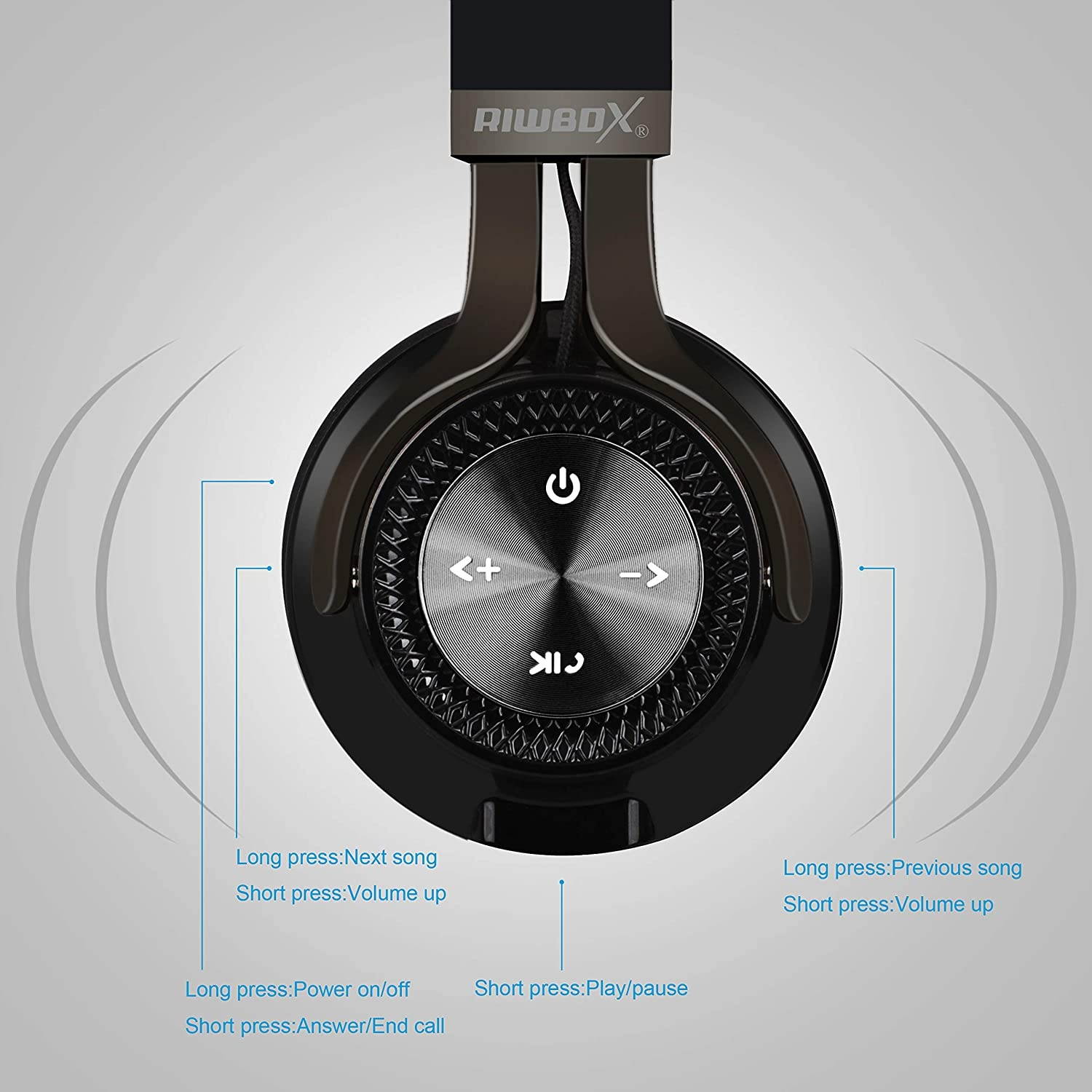 Bluetooth Headphones Riwbox XBT-880 Wireless Bluetooth Headphones Over Ear with Microphone and Volume Control Wireless and Wired Foldable Headset for iPhone/iPad/PC/Cell Phones/TV (Black&Grey)