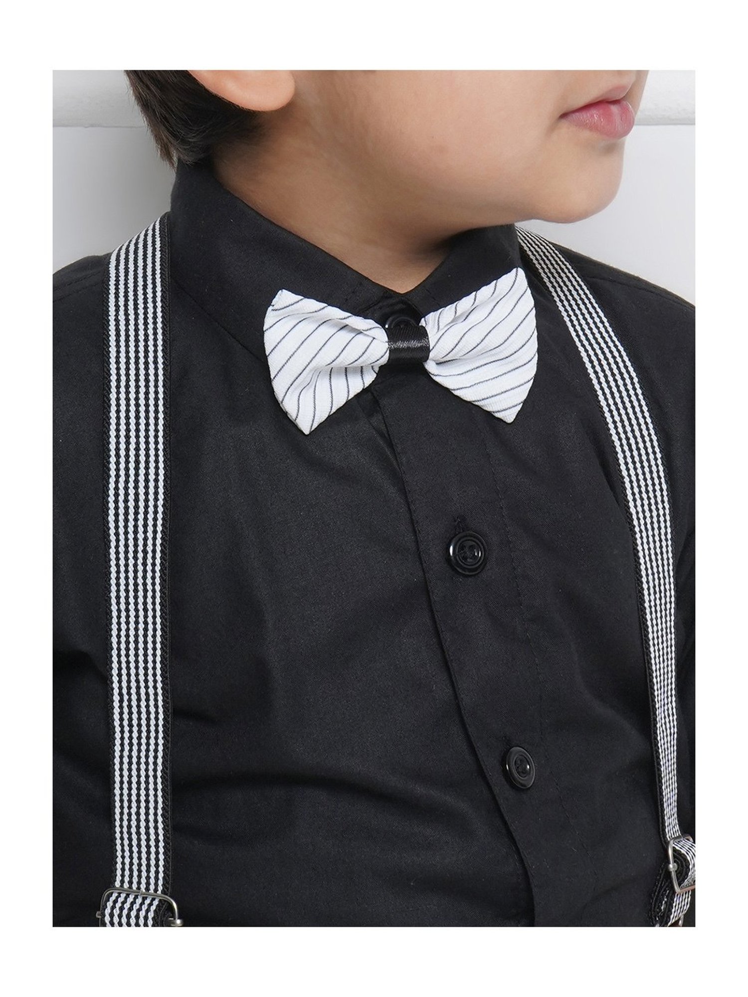 AJ Dezines Kids Black & White Striped Shirt, Shorts, Suspender, Bow with Cap