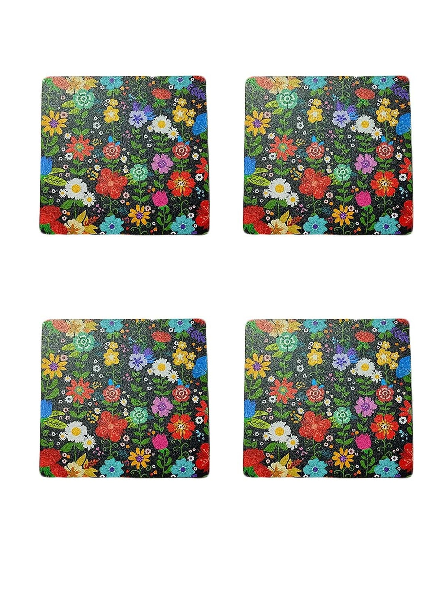Crayton Multicolor Wooden Floral Printed Square Coasters - Set of 4