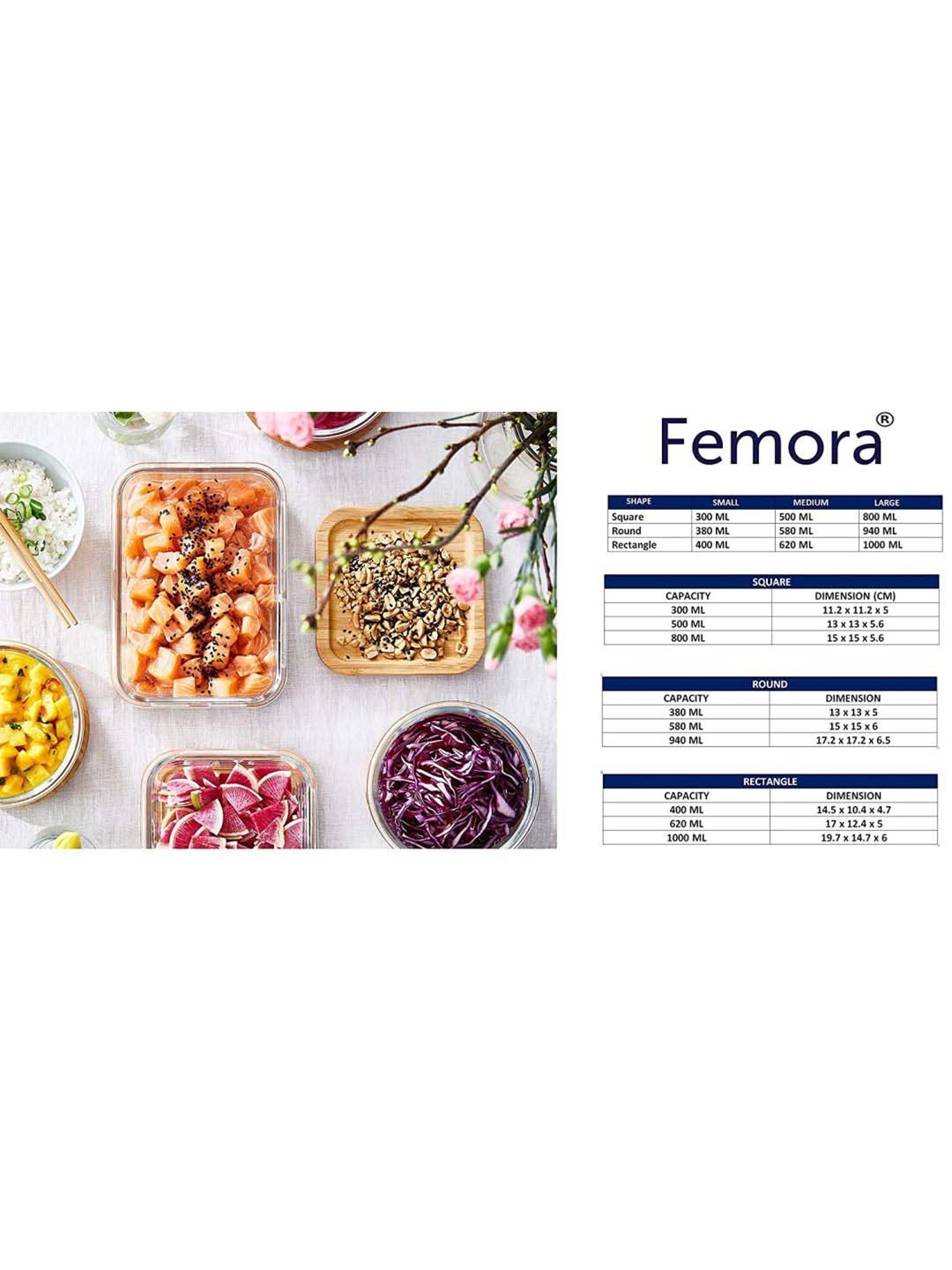 Femora Borosilicate Glass Square Container with Air Vent Lid (300 ml, 500 ml & 800 ml) - Set of 3