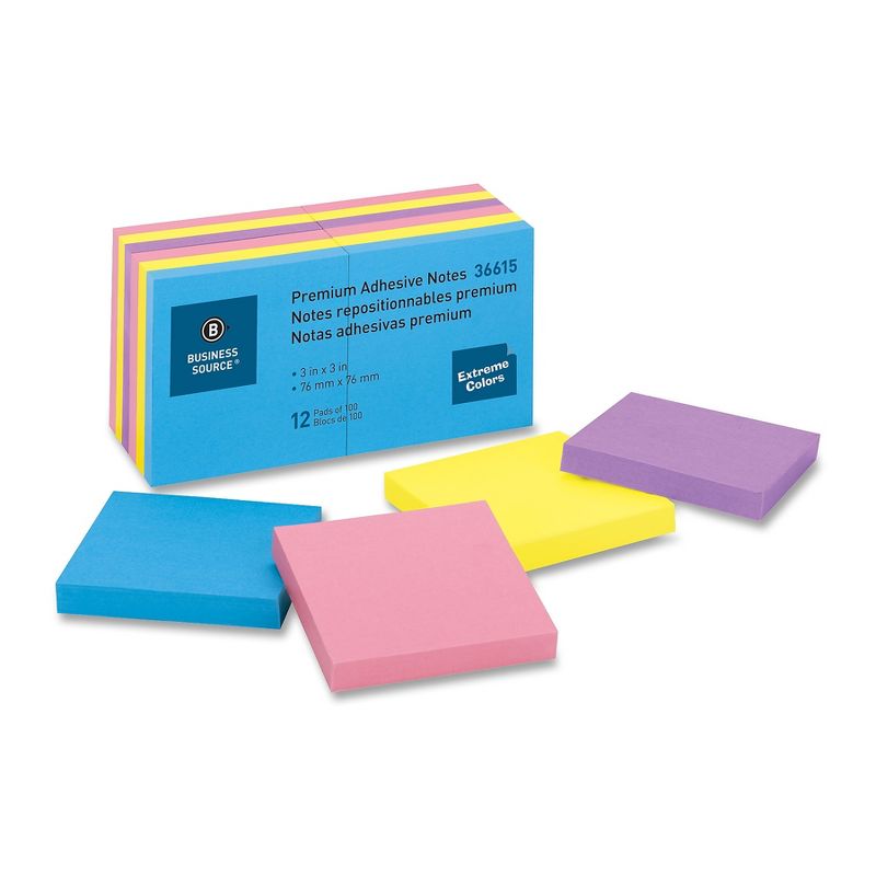 Business Source Adhesive Notes 100 Sht/PD 3"x3" 12/PK Assorted Extreme 36615