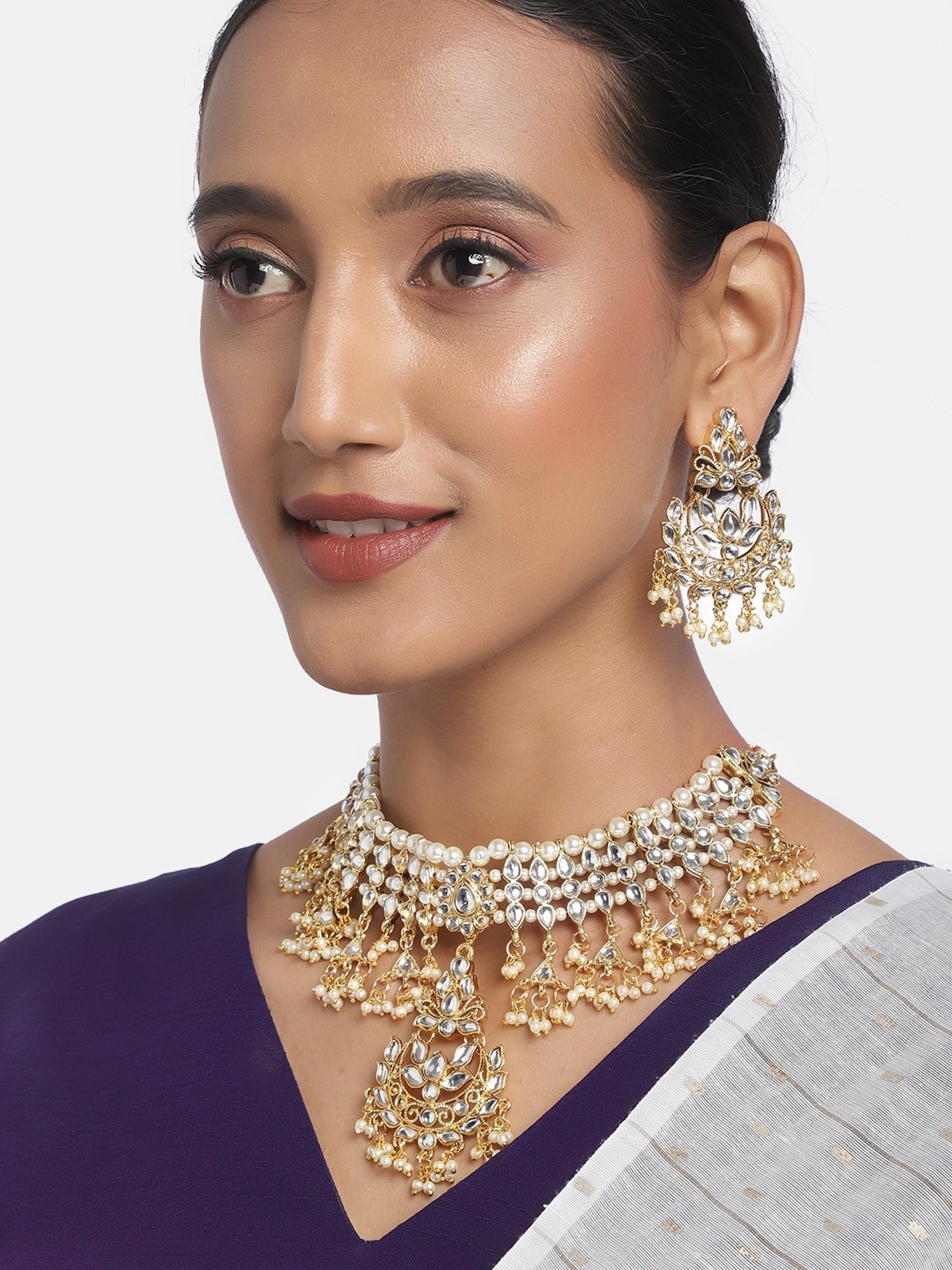 Zaveri Pearls Gold Tone Kundan & Pearls Traditional Necklace & Earring Set-ZPFK9811