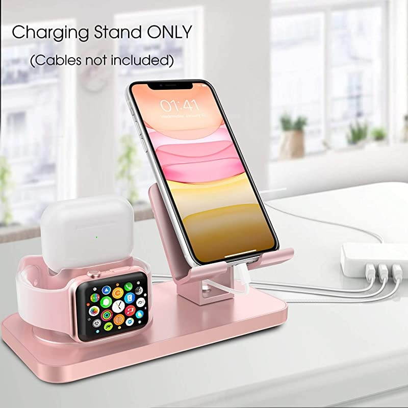 3 in 1 Charging Stand for Apple Watch Series 54321 Airpods Pro 2019 21 Compatible with iPhone 12 11 XS MAX XR XS 8 7 6 6S Plus 5S iPad Tablet StandOriginal Cable Required Rose Gold