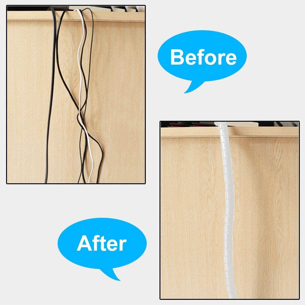 Cable Tube Organizer, TITACUTE Coiled Tube Sleeve Cable Wrap Spiral Wire Sleeves Cable Management with Cord Cover Clips for TV PC Computer Home Entertainment Wall White