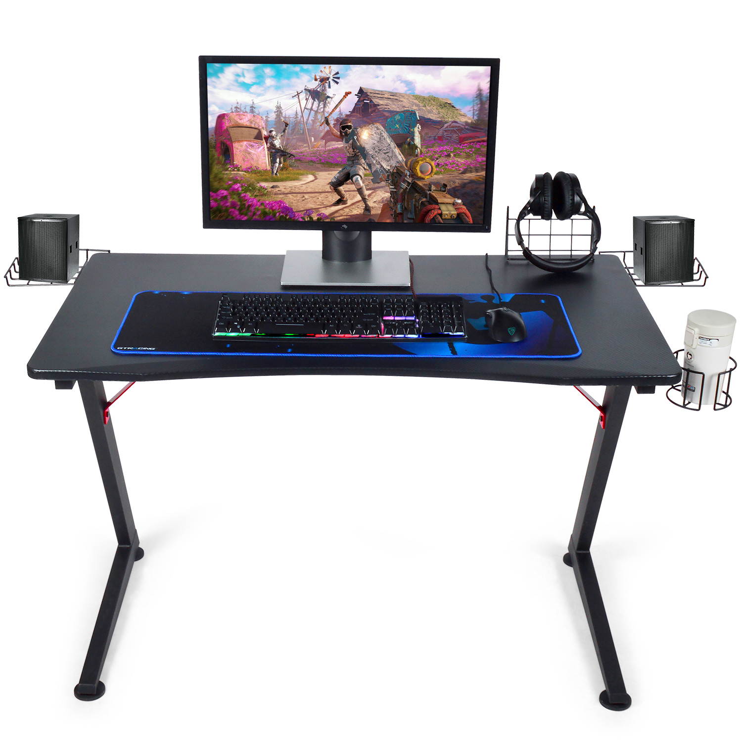 GTRACING Gaming Desk Computer Office PC Gamer Table Racing Style Professional Game Station Z-Shaped with Cup Holder, Black