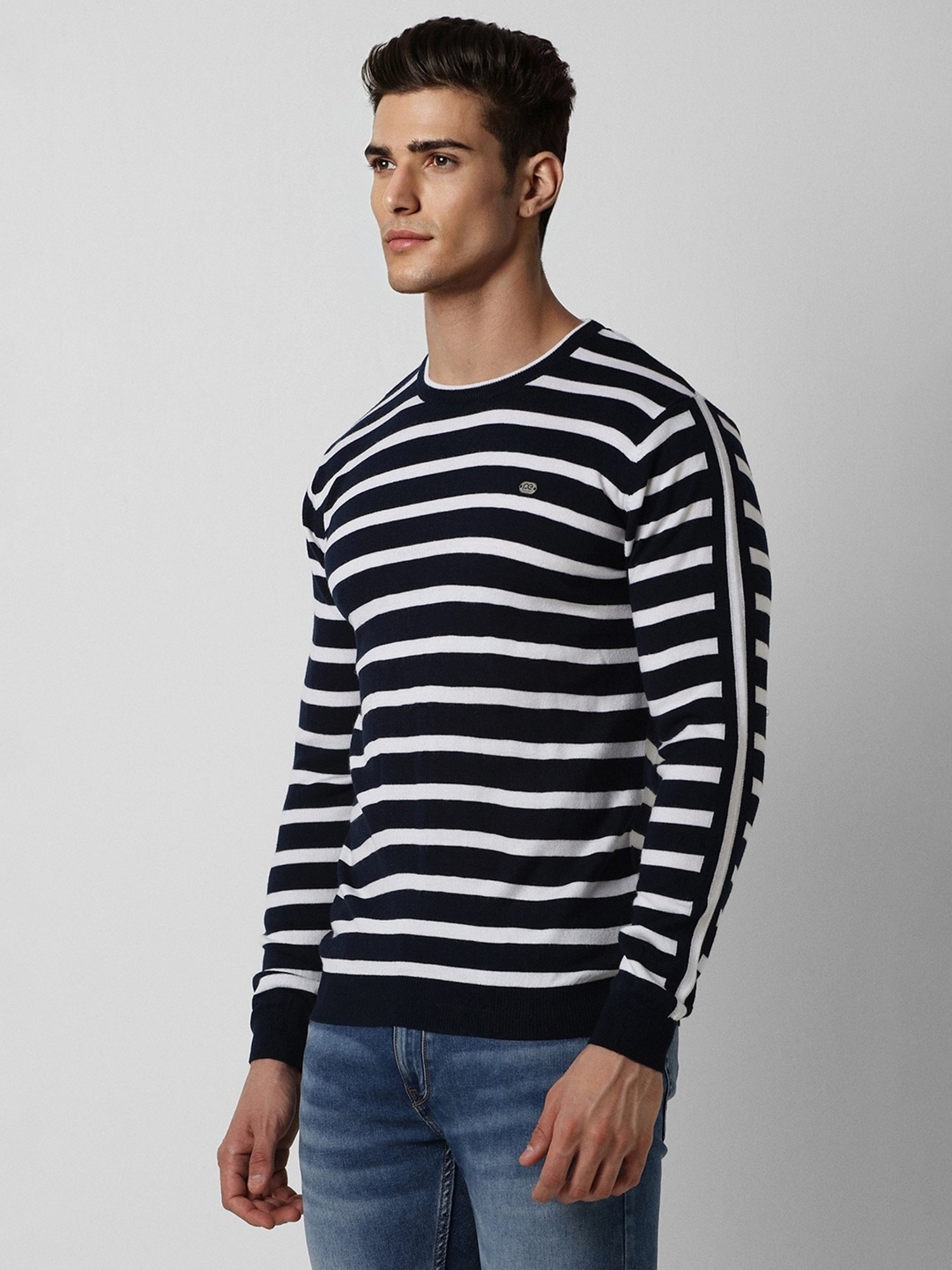 Peter England Black Regular Fit Striped Sweater