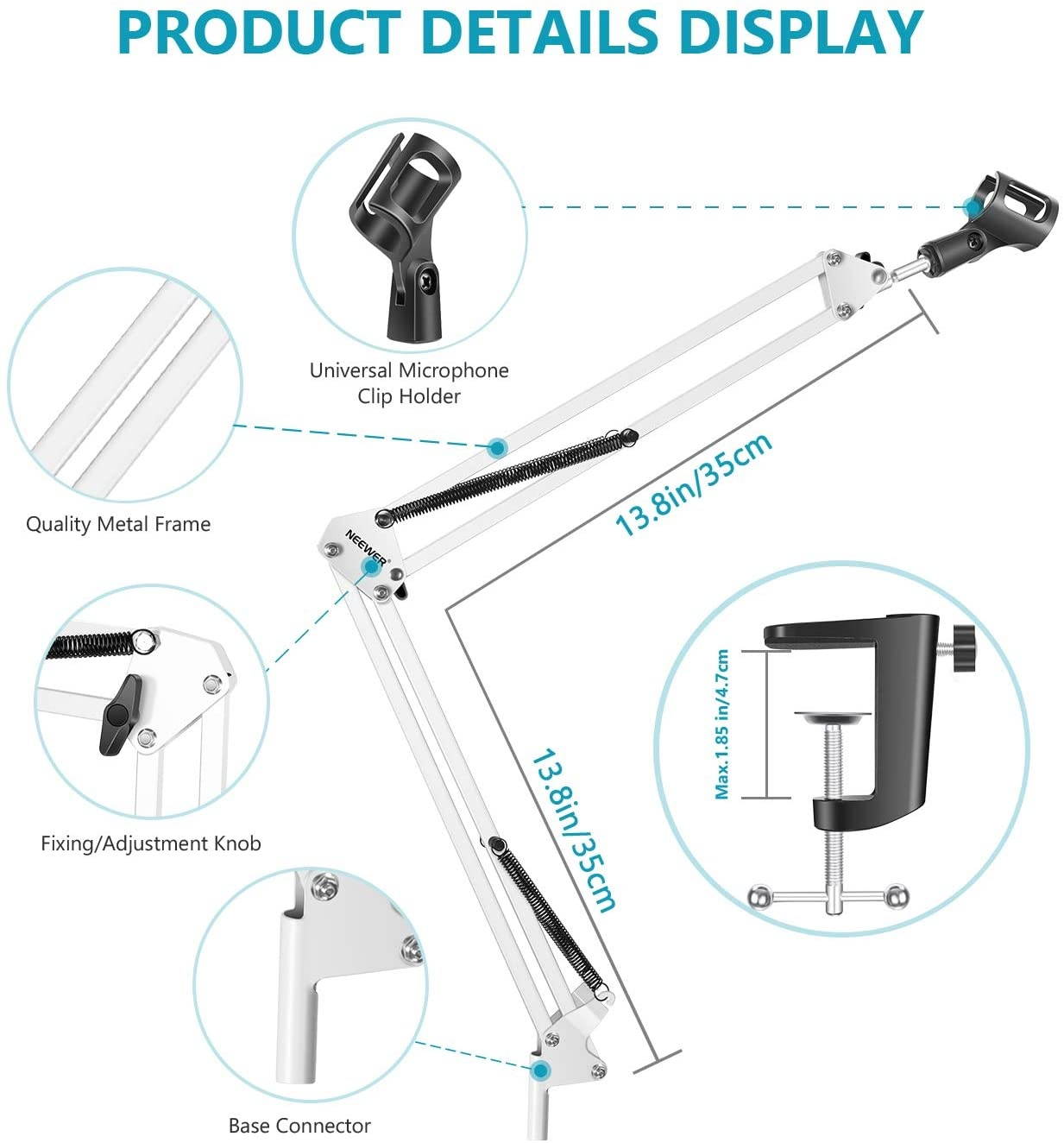 Adjustable Microphone Suspension Boom Scissor Arm Stand, Max Load 1 KG Compact Mic Stand Made of Durable Steel for Stages, TV Stations(White)
