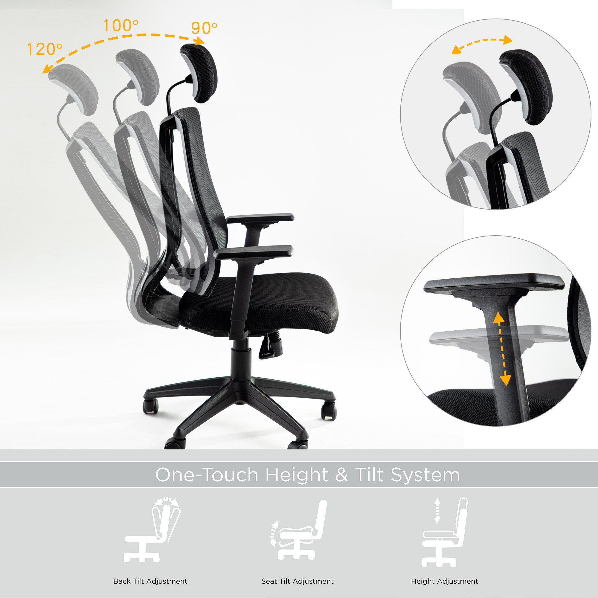 Office Ergonomic Chair High-Back Task Chair Lumbar Mesh Support Computer Chair Desk Chair Multifunction Executive Swivel with Head & Arm Rests Black