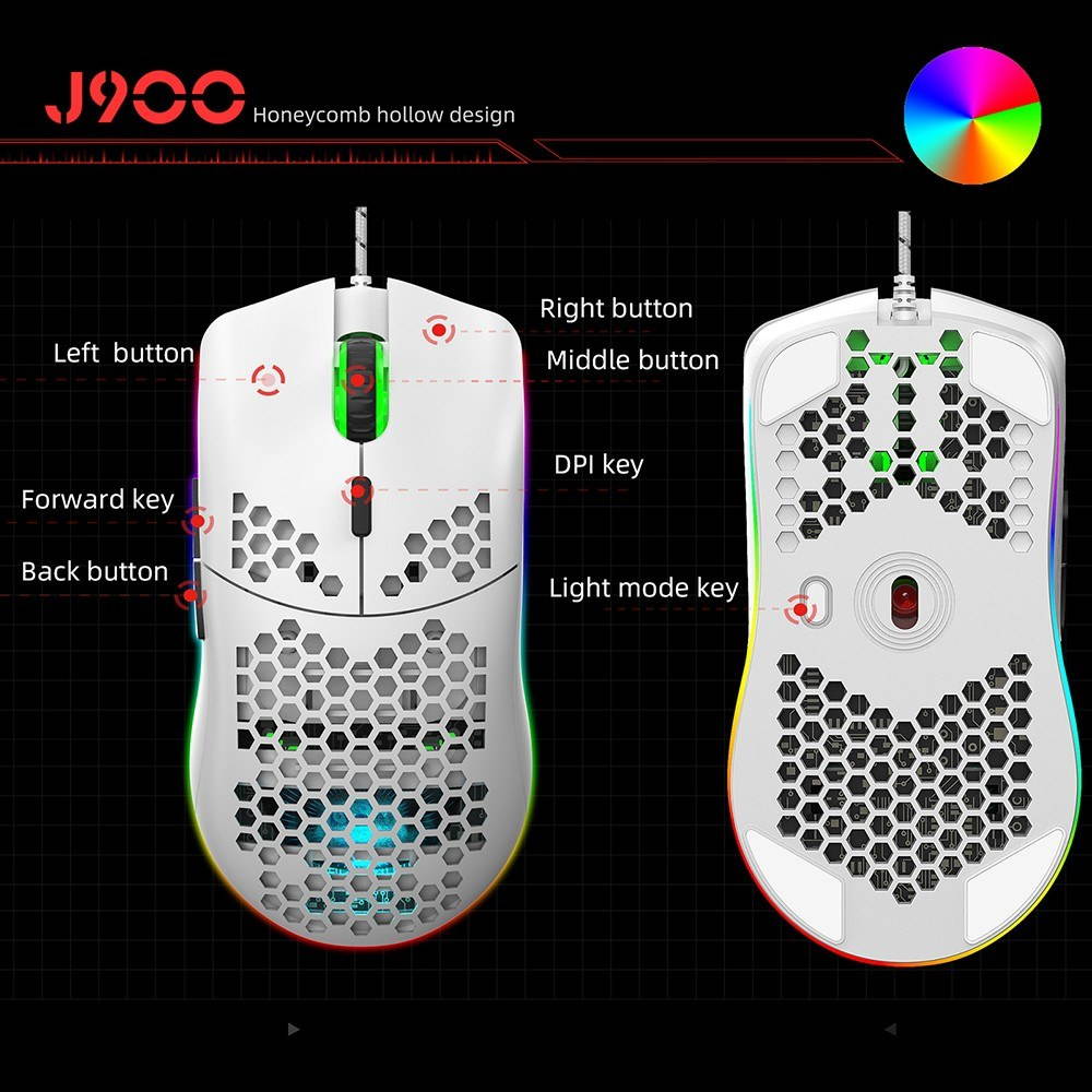 HXSJ J900 USB Wired Gaming Mouse RGB Gaming Mouse with Six Adjustable DPI Ergonomic Design for Desktop Laptop