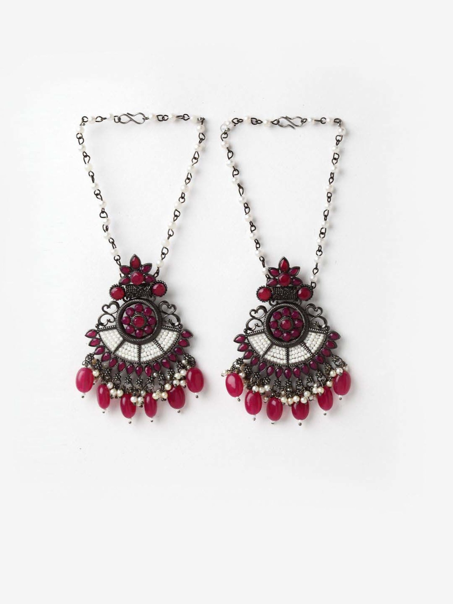 Panash Oxidised Silver-Toned & Pink Crescent Shaped Dangler Earrings