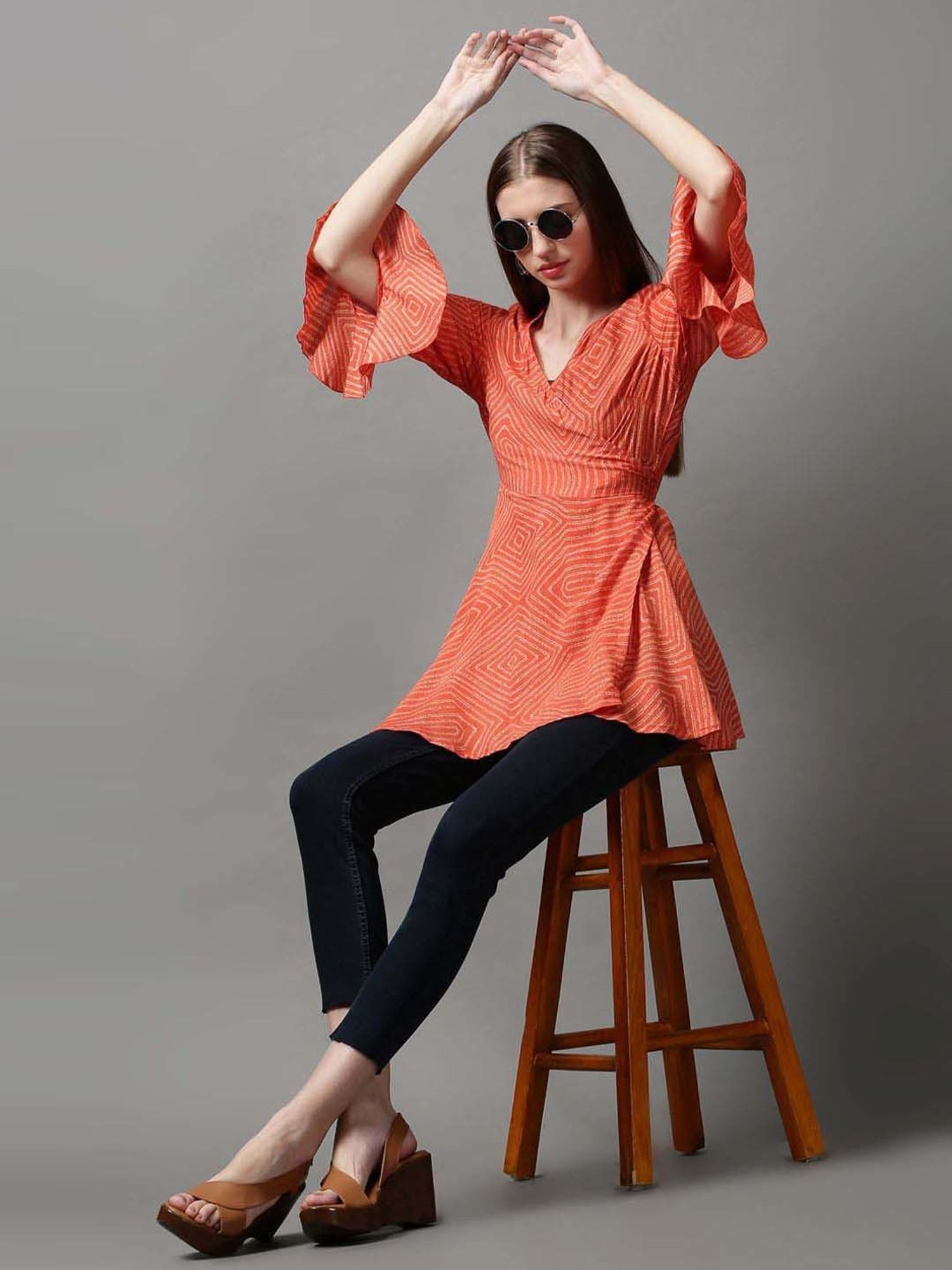 SHOWOFF Orange Printed Shrug