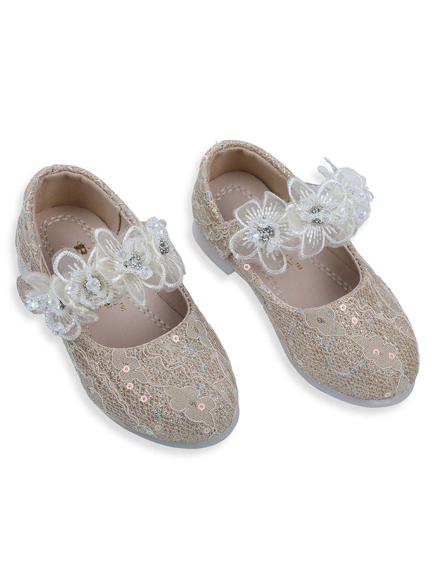 Baby Moo Kids Gold Bash Sequin And Floral Mary Jane Shoes