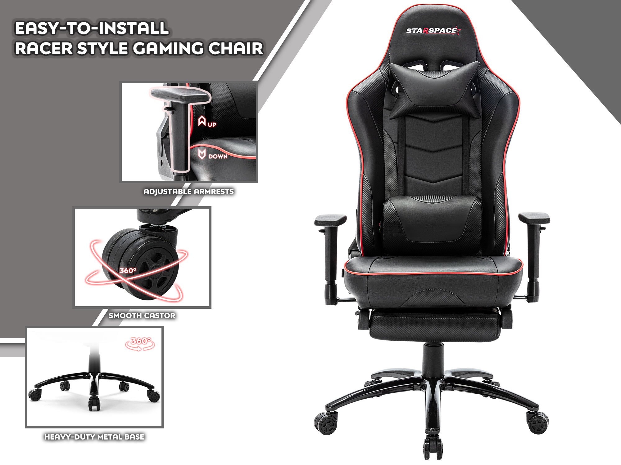 STARSPACE Ergonomic Adjustable Gaming Chair with Massage and Footrest Lumbar Support Racing Desk Chair Office Chair