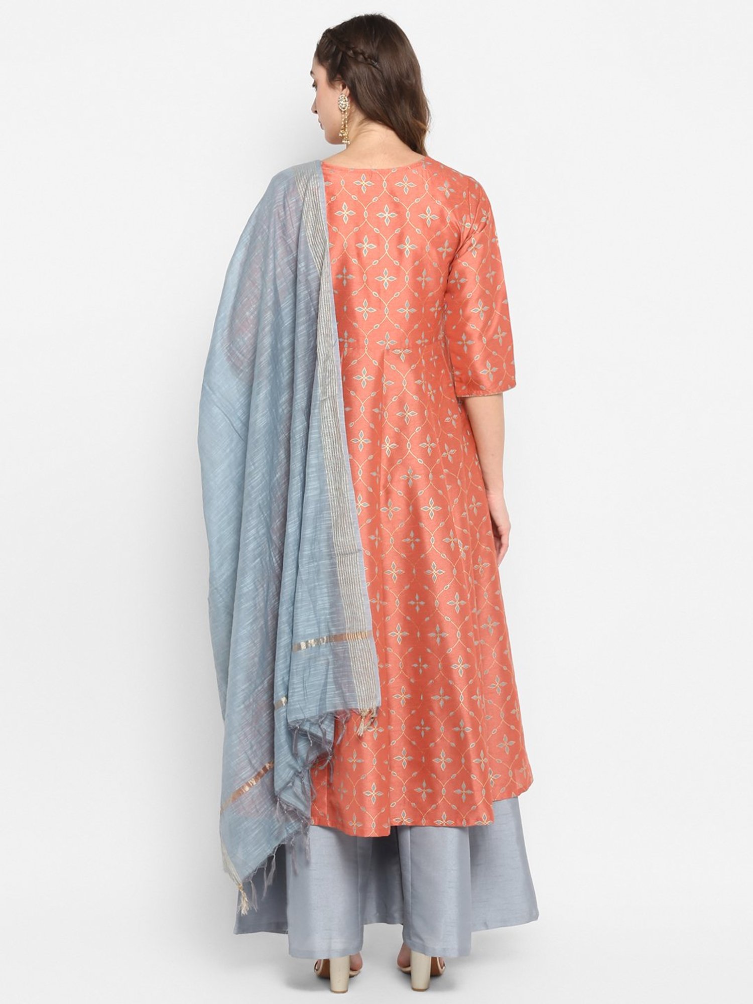 Janasya Peach & Grey Printed Kurta With Palazzo & Dupatta