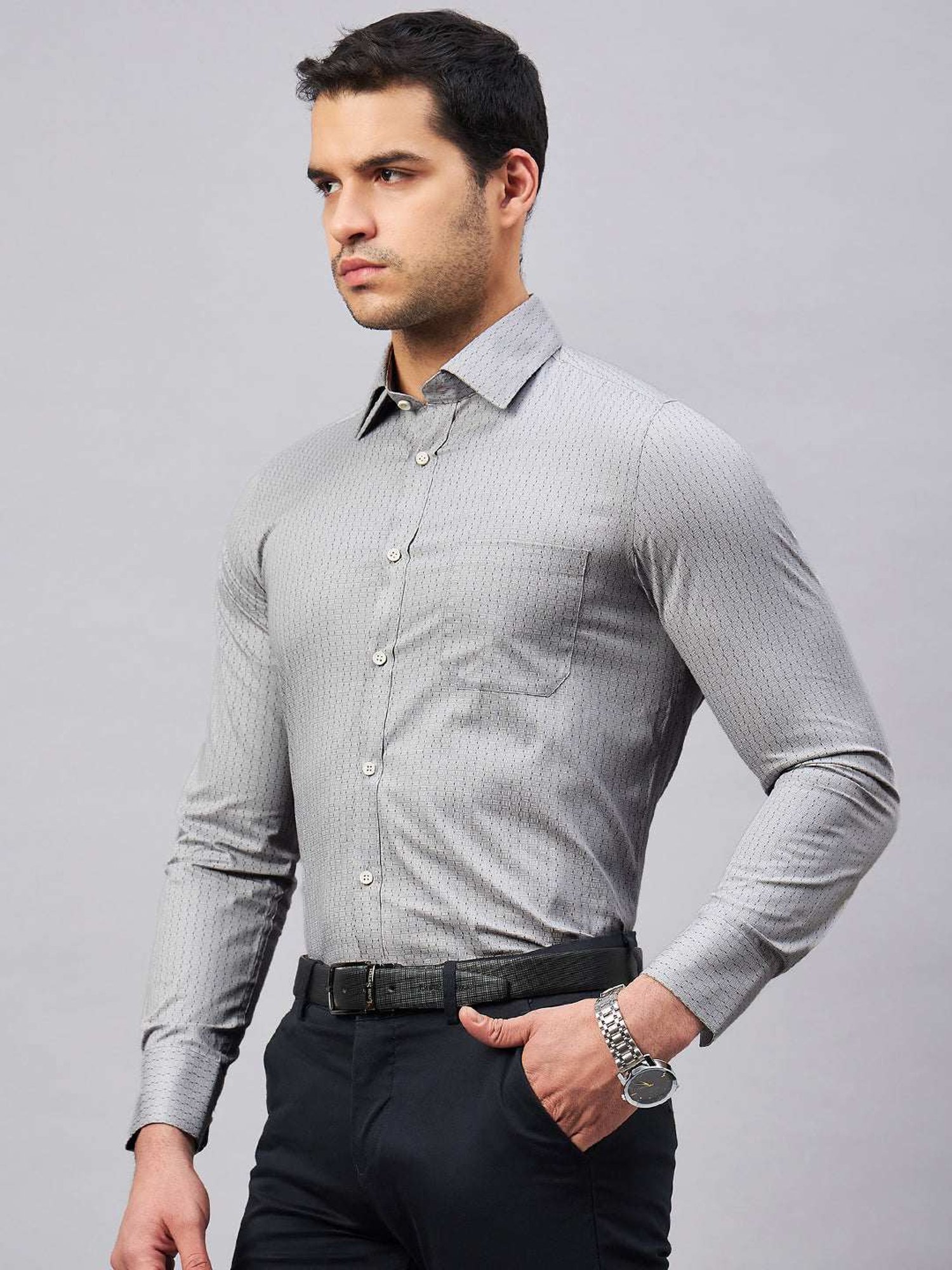 Louis Stitch Grey Cotton Regular Fit Printed Shirt