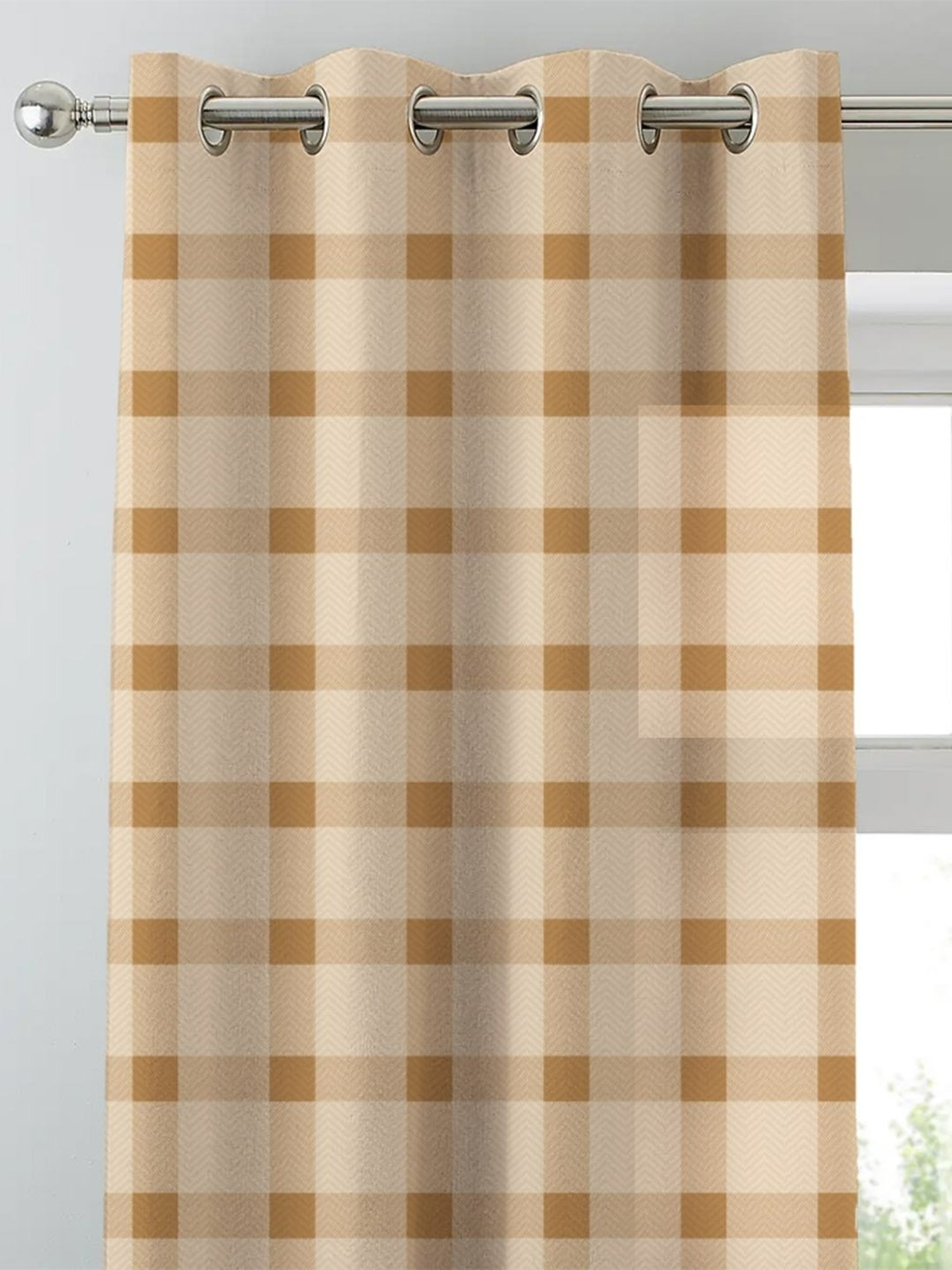 SPACES DRAPE STORY Boho Checks Beige Polyester 5 ft Window Curtains - Set of 2