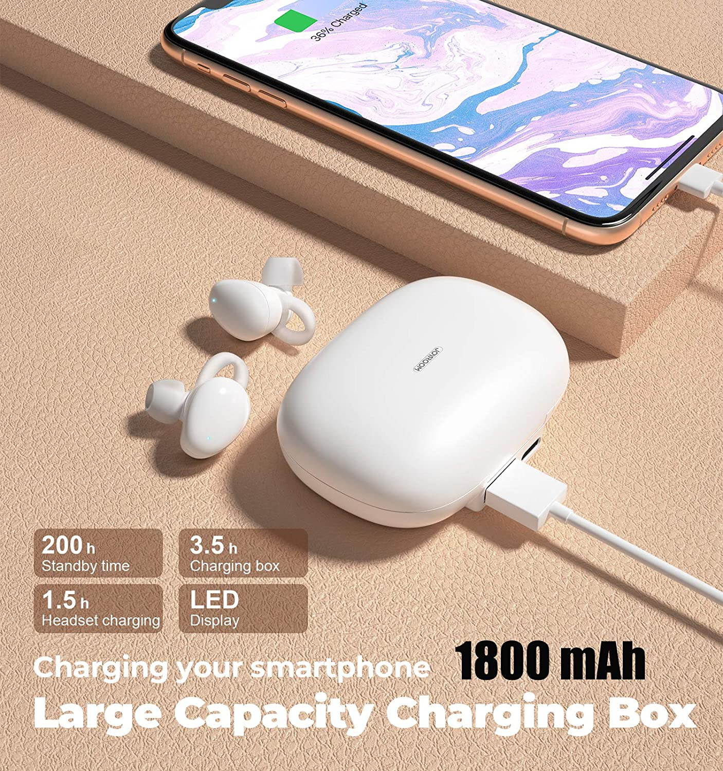 TWS Earphone Touch Wireless Earbuds, CVC 8.0 Noise Cancelling with Deep Bass 1800mAh Charging Case, total 35H Playtime Stereo Call Sweat proof Easy Pairing Gym for iPhone and Android