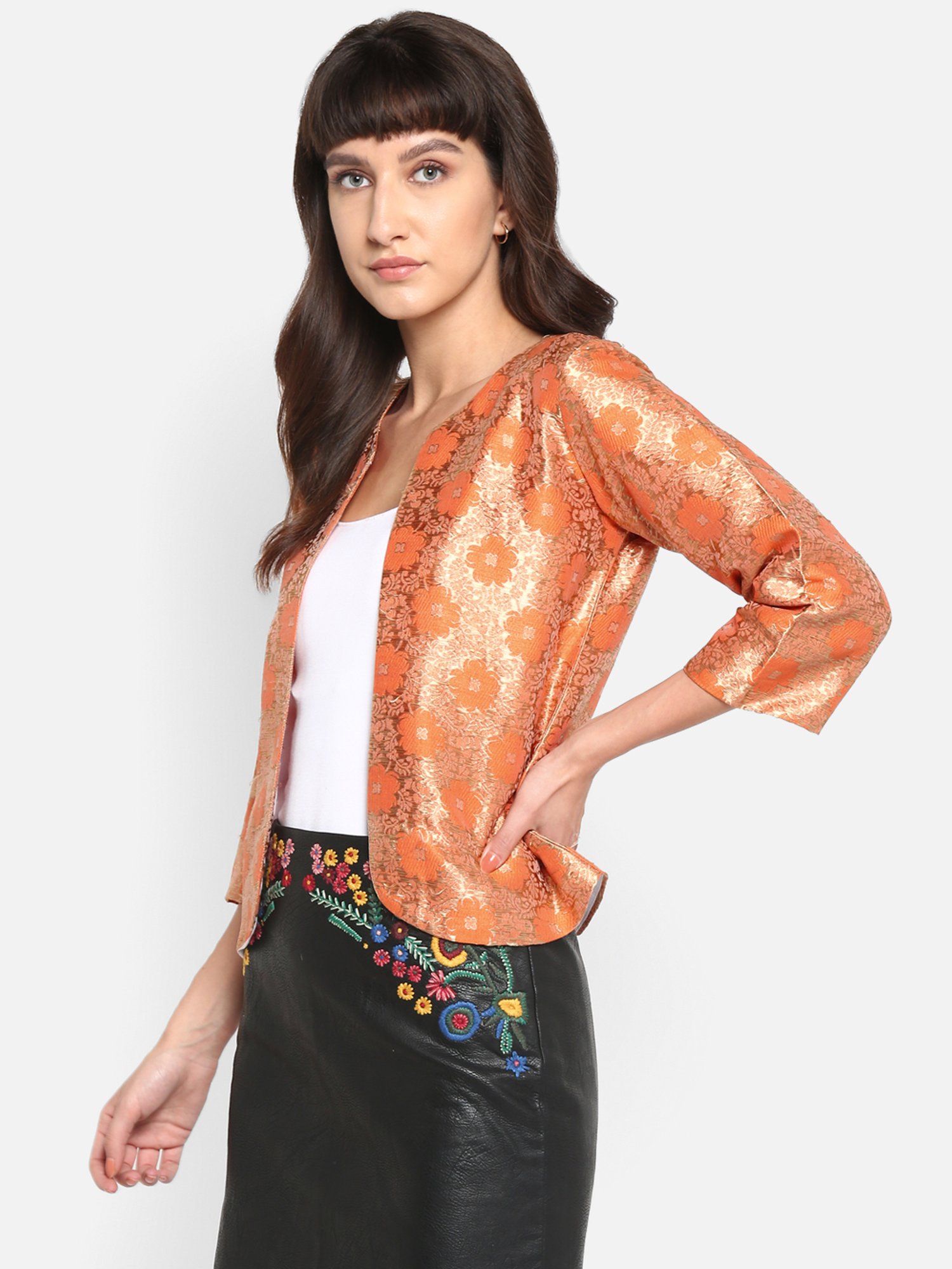Hangup Orange Jacquard Pattern Shrug