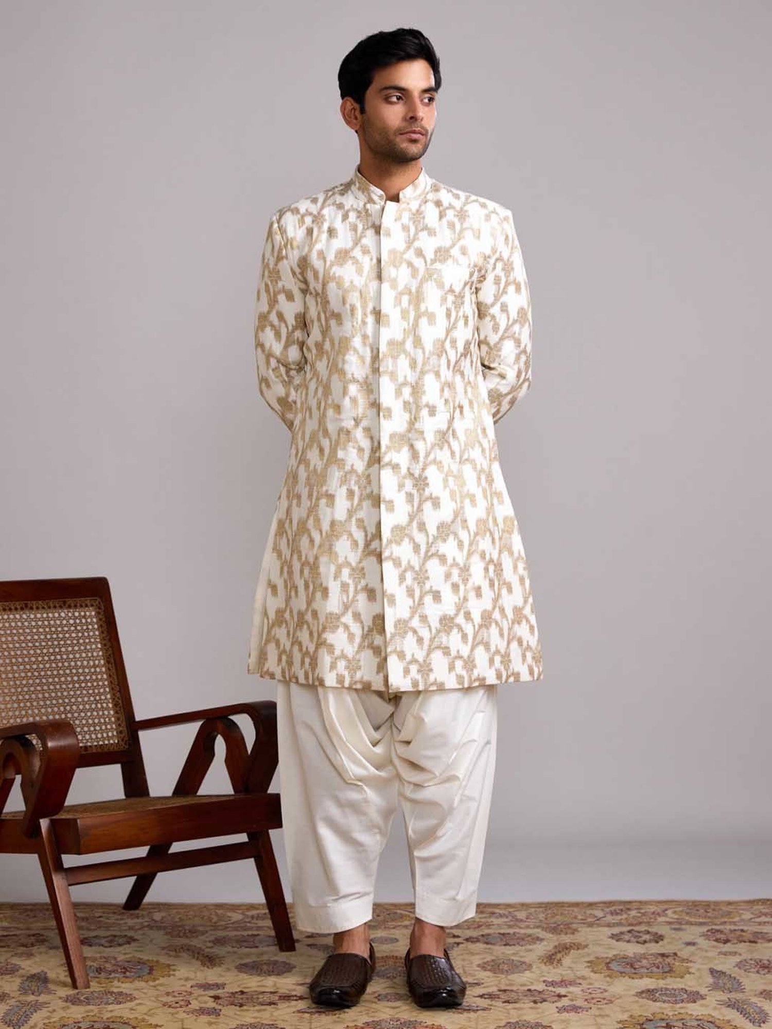 Abhishti Cream Straight Fit Banarasi Printed Kurta & Salwar Set
