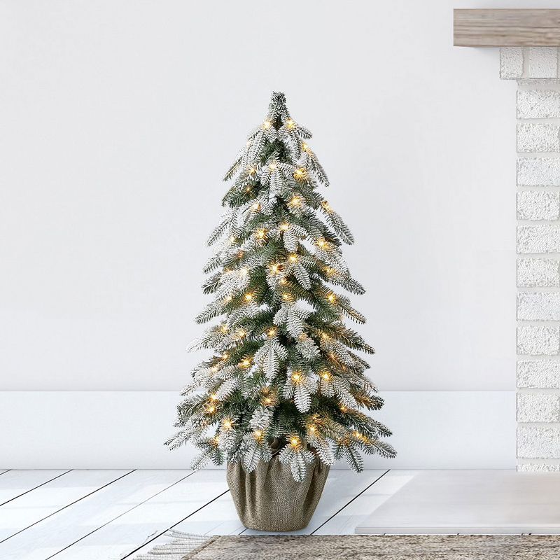 Home Heritage 3 Foot Entryway Flocked Fir Prelit Decorative Artificial Christmas Tree with Burlap Bag Potted Stand and Warm Fairy Lights Lights