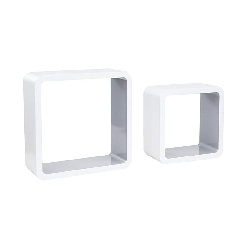 Set of 2 Cube Floating Shelves Wood Wall Shelves for Home Decoration Storage Display Rack White+Gray