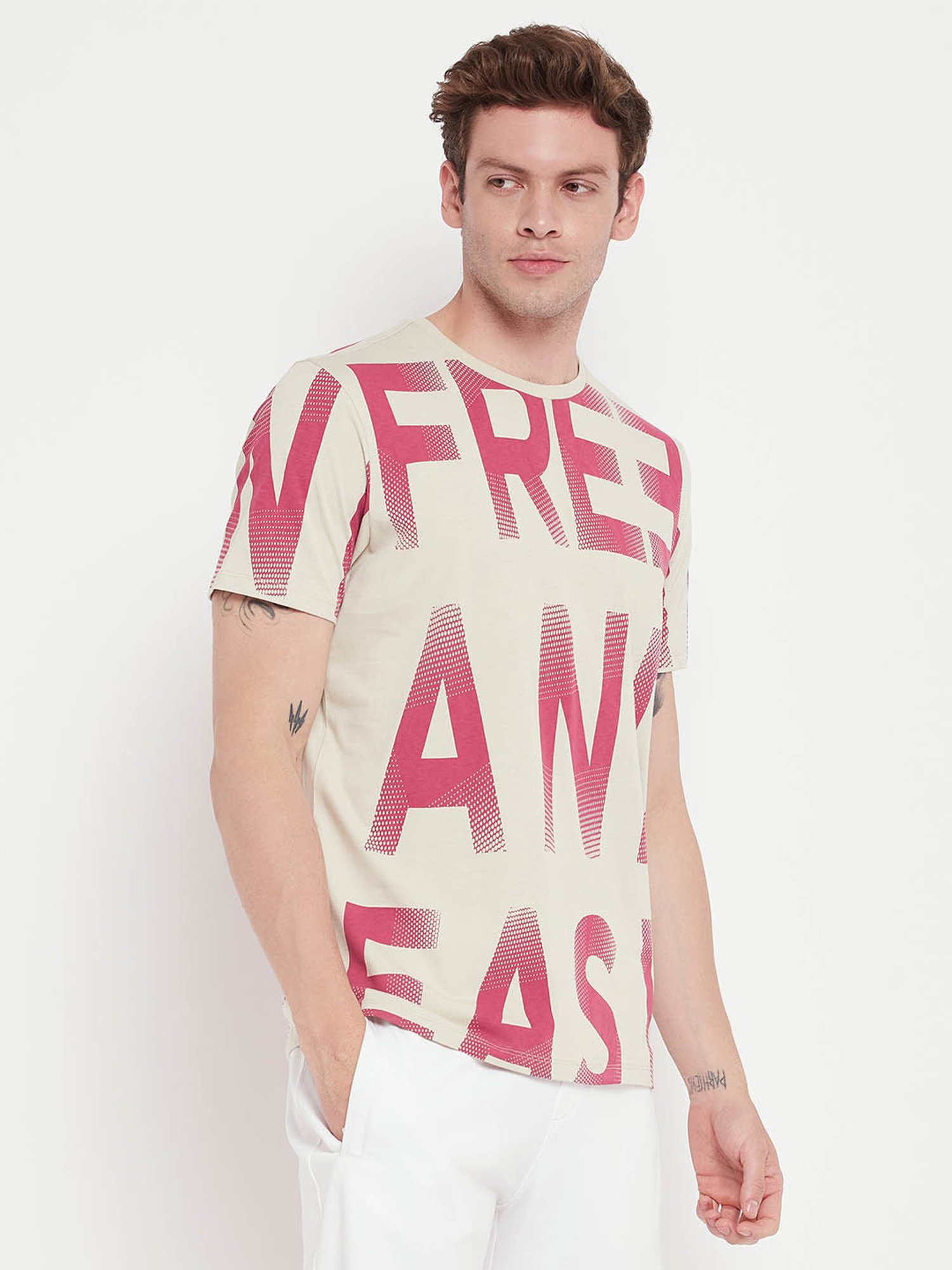 EDRIO Beige Regular Fit Printed T-Shirt
