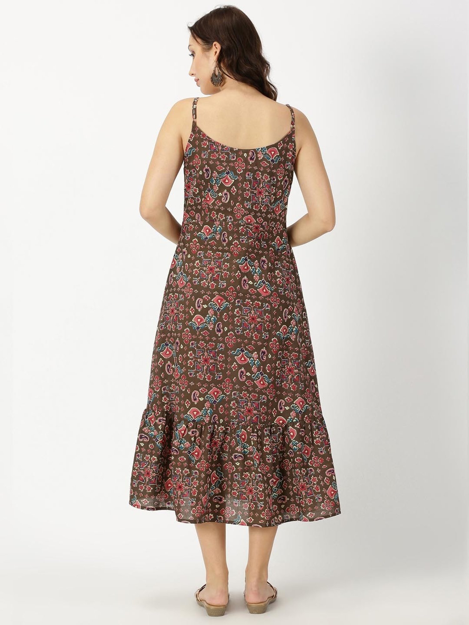 Saffron Threads Brown Cotton Printed Ethnic Dress